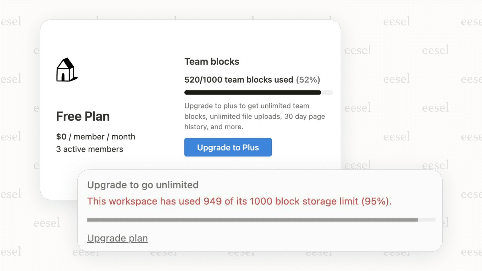 The "limited block trial" warning message in Notion
