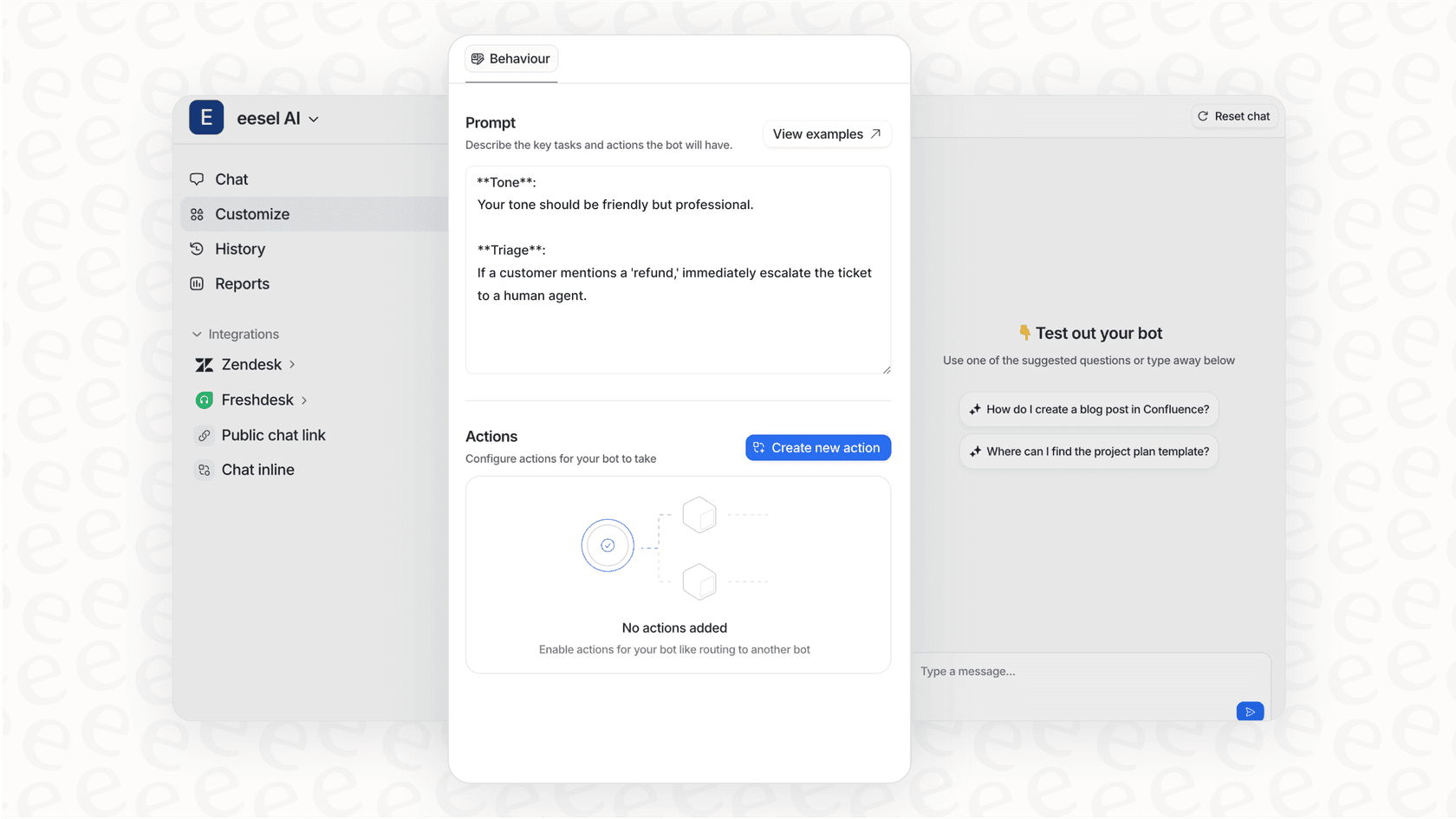 A screenshot showing how to configure an AI workforce using simple instructions to ensure brand safety and proper escalations.