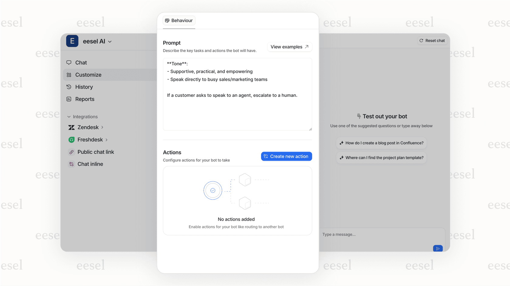 A screenshot of an easy-to-use interface for configuring a customer-driven AI escalation trigger based on keywords like "talk to an agent."
