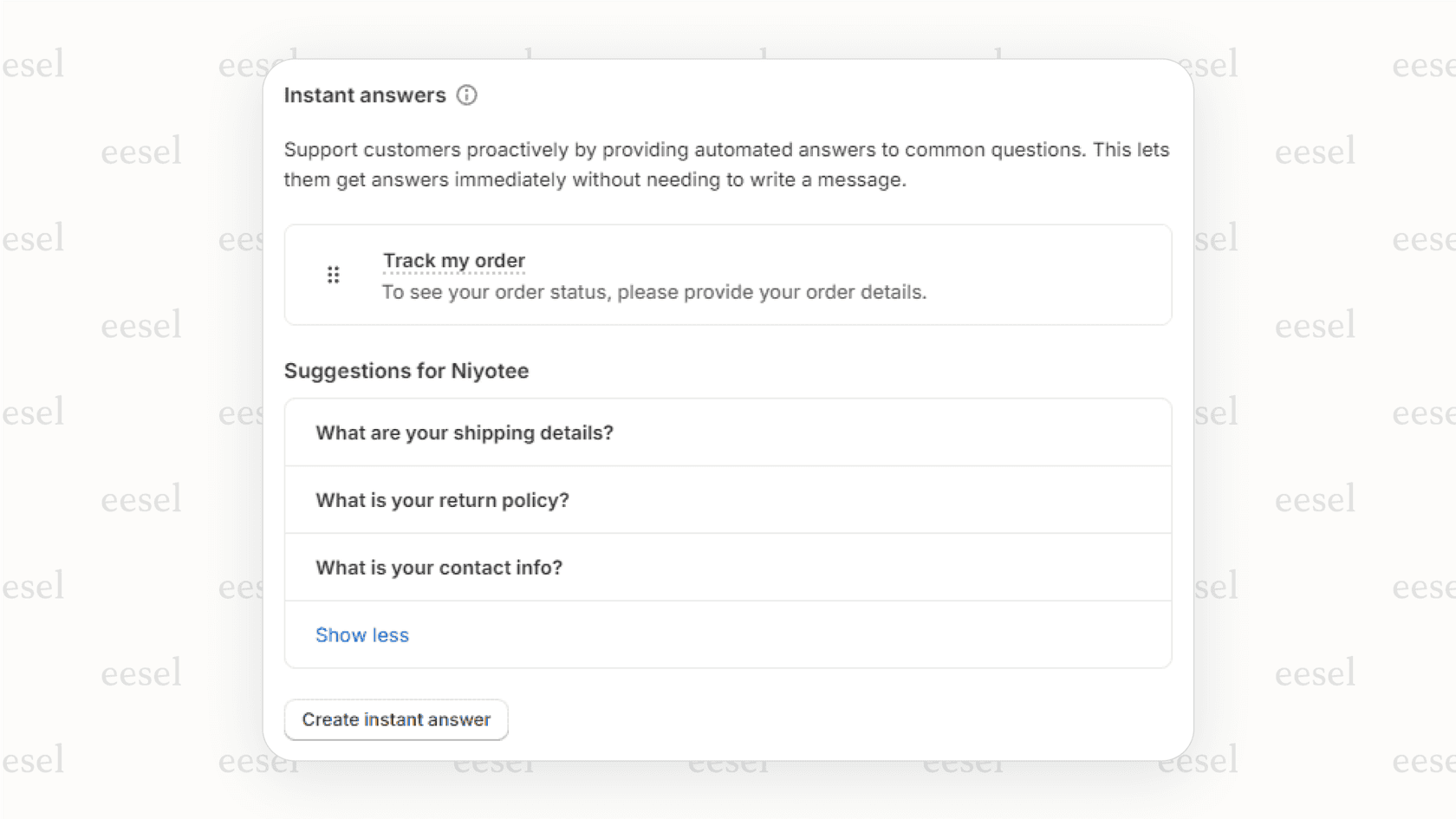 Shopify AIが配送ポリシーに関する顧客の質問に対してエージェントに提案された返信を提供するShopify Inboxチャットウィンドウ。