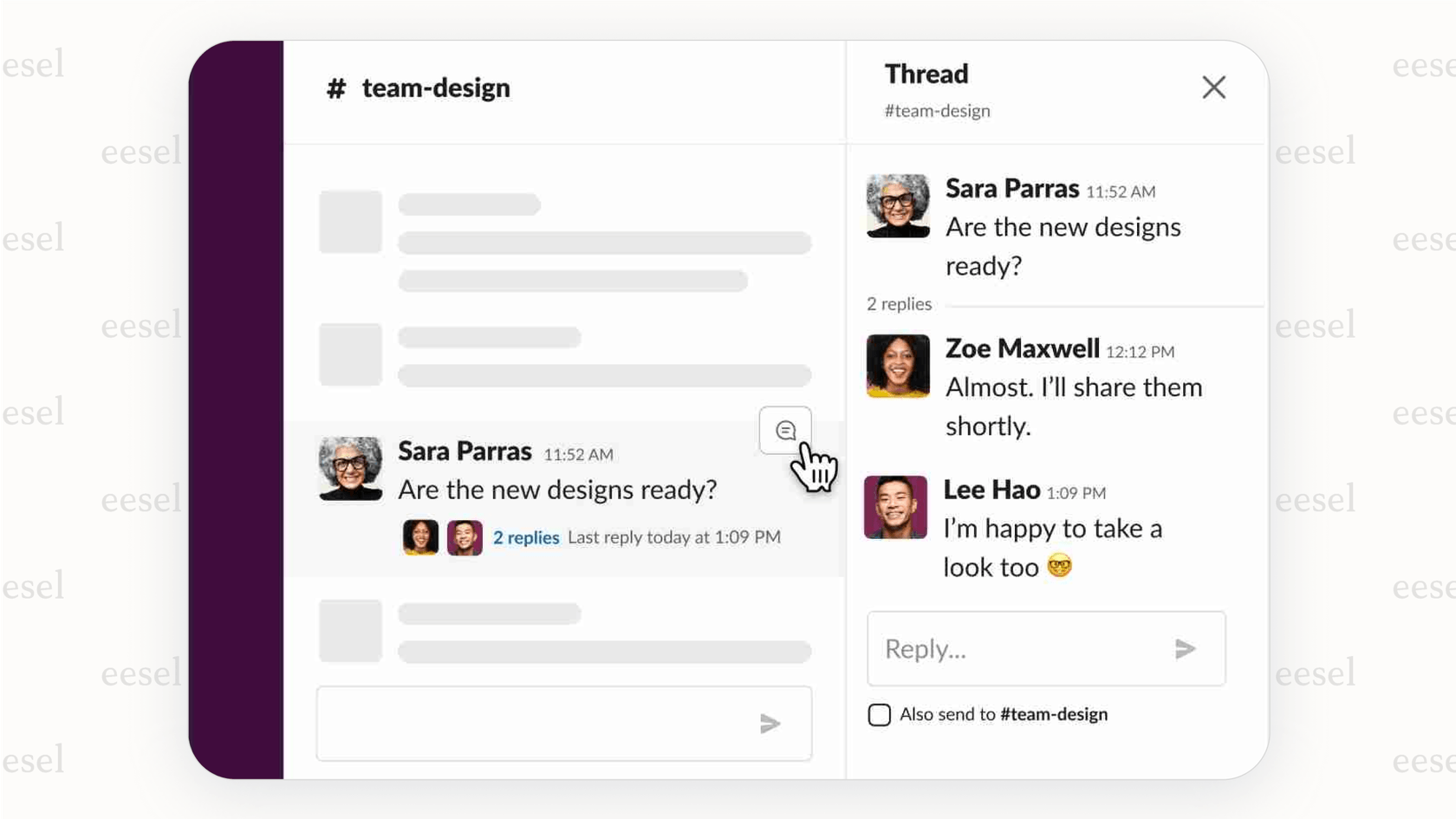 A screenshot for a Slack review that shows a busy channel with a specific message being replied to in a thread, keeping the main channel clean.