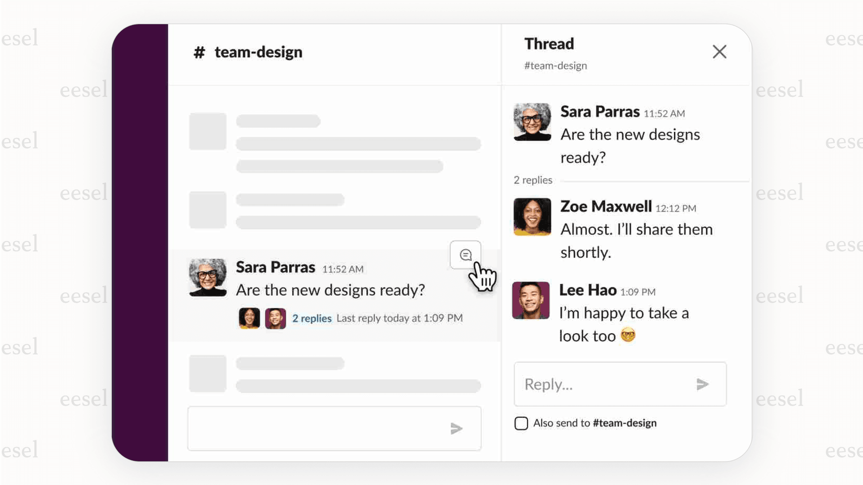A screenshot for a Slack review that shows a busy channel with a specific message being replied to in a thread, keeping the main channel clean.