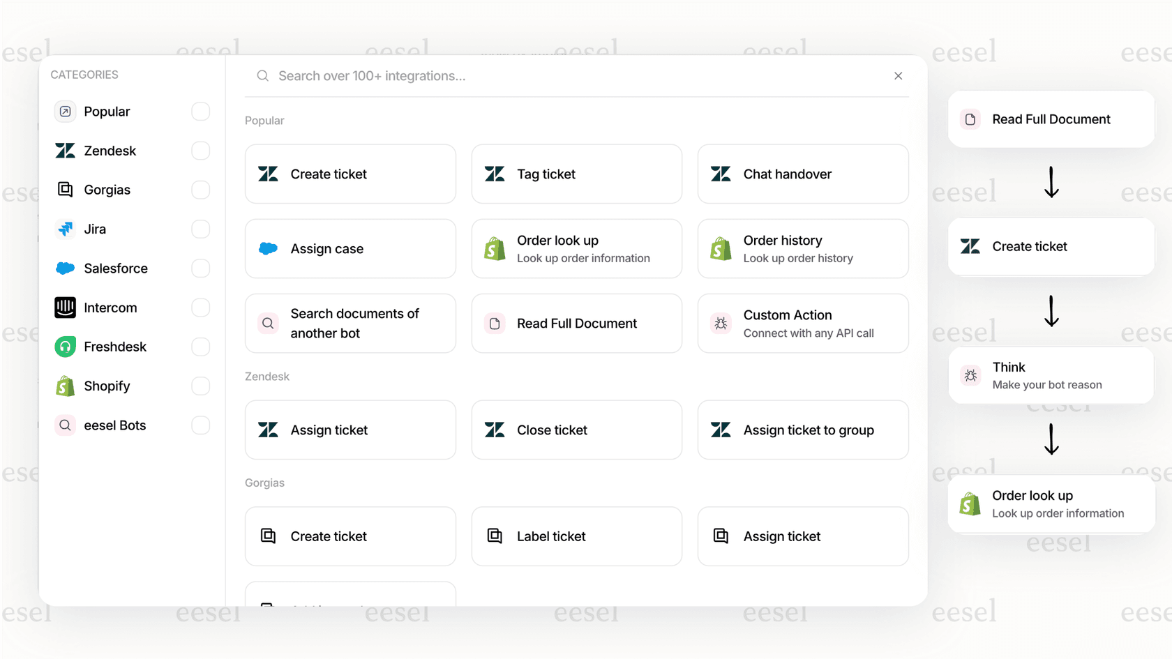 Ein Screenshot der eesel AI-Plattform, der zeigt, wie eine KI-Aktion konfiguriert wird, um Bestellinformationen in Shopify nachzuschlagen, eine wichtige Fähigkeit der Nutzung von KI für Workflows.