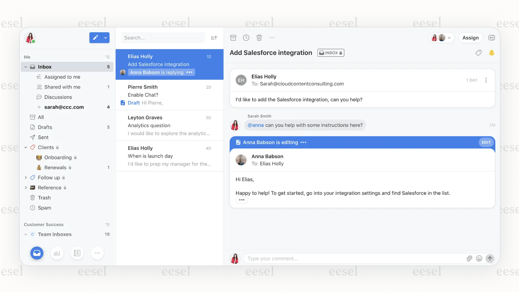 Screenshot demonstrating the internal comments and @mention feature discussed in this Front review, showing how teams can collaborate privately.