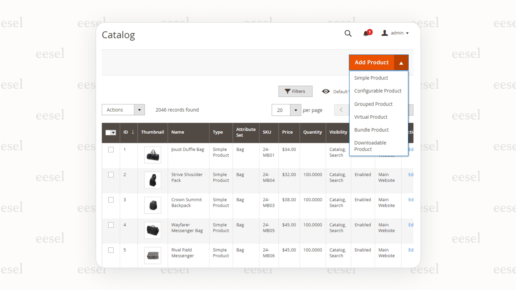 Screenshot from a Magento review showing the product creation interface where a user can select from Simple, Configurable, Virtual, Bundled, and Downloadable product types.
