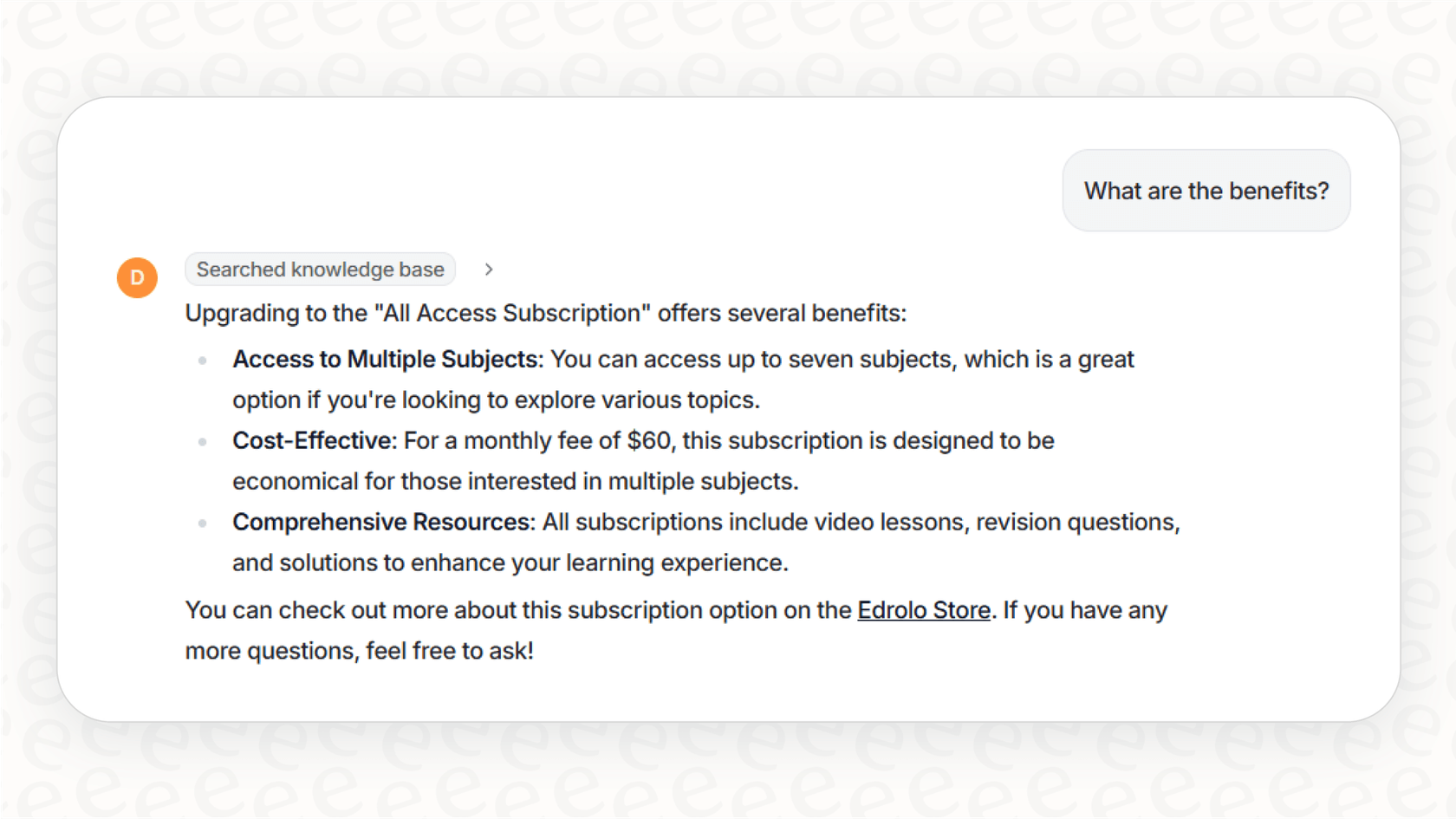 Screenshot of an AI chatbot answering a user question and providing clickable source links, demonstrating the Generation step of the RAG full form in AI.