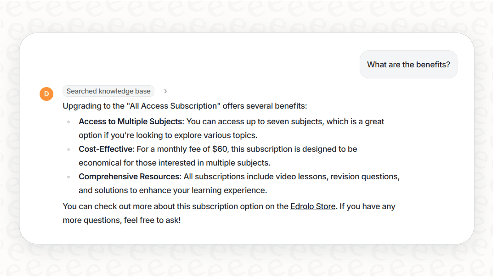 Screenshot of an AI chatbot answering a user question and providing clickable source links, demonstrating the Generation step of the RAG full form in AI.