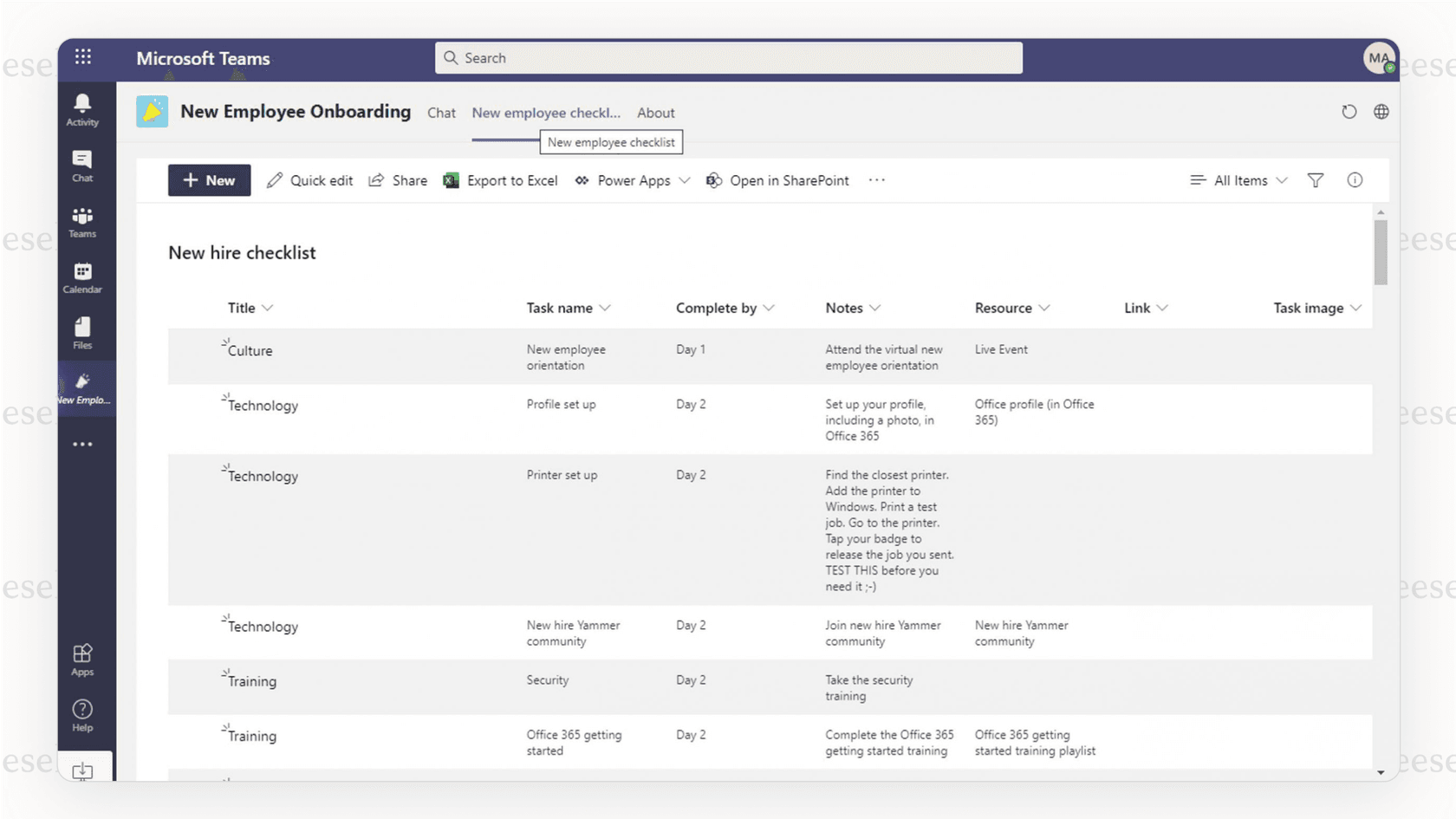 Screenshot mostrando um calendário bem organizado da primeira semana para um novo contratado, configurado através de um sistema de integração automatizada de funcionários.