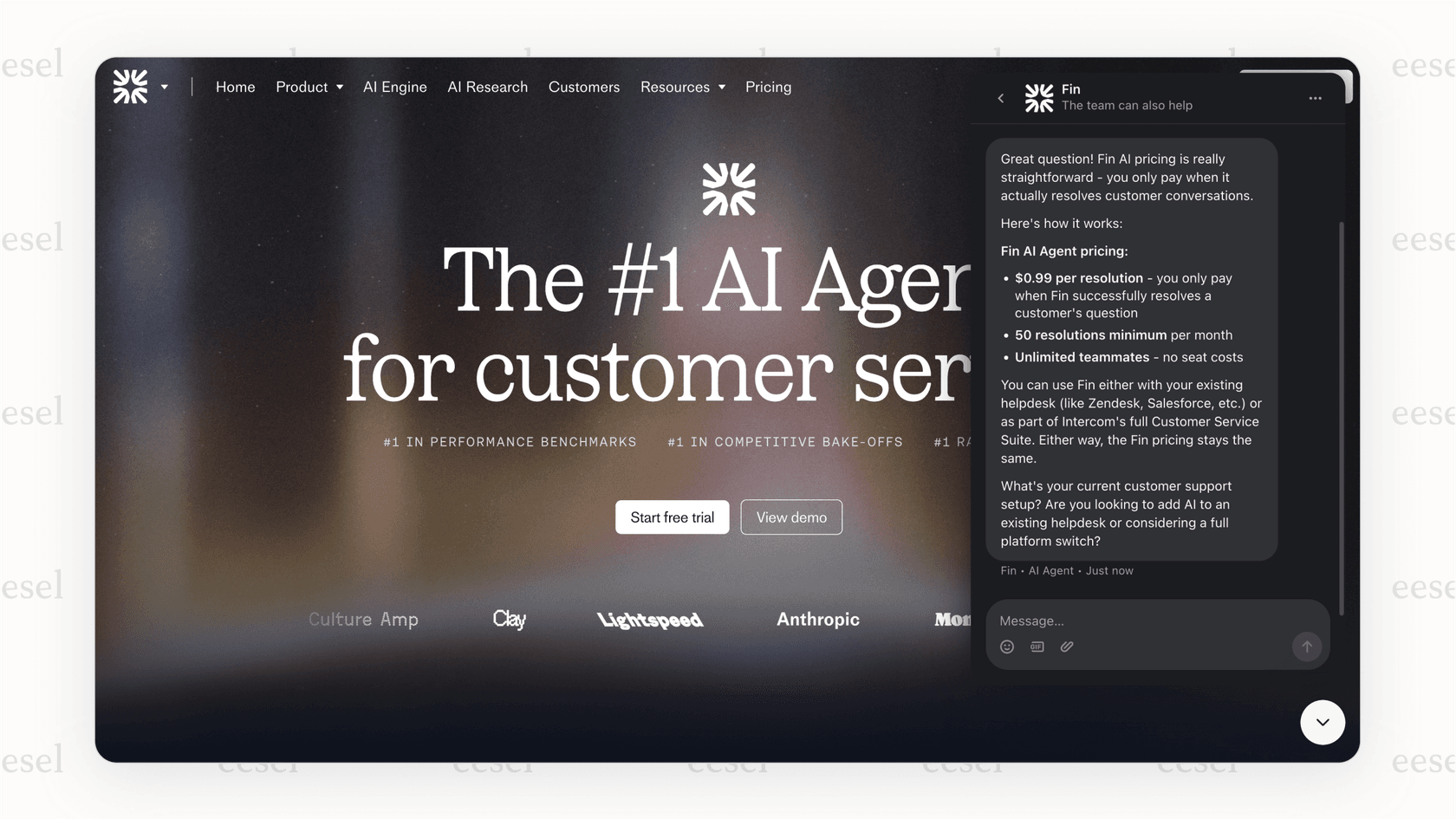 A screenshot showing the Intercom Messenger widget where Fin, one of the best AI chatbots, is automatically answering a customer's question about a product feature.