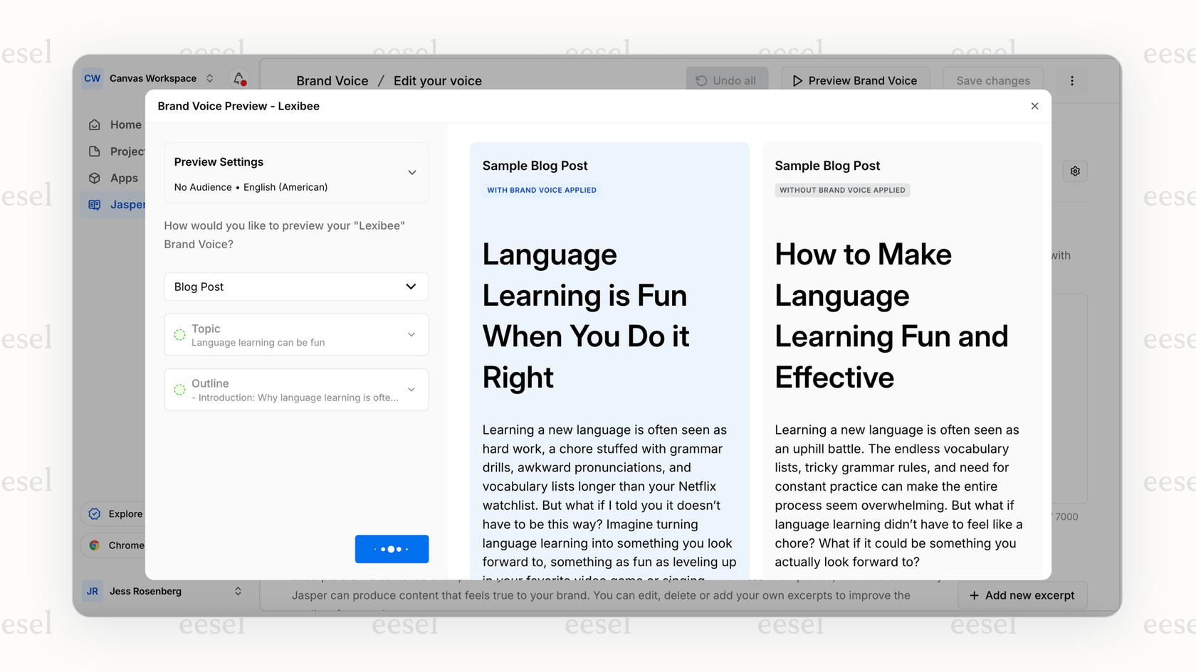 The interface for setting up a brand voice in the Jasper AI tool in writing, with fields for tone, style, and keywords.