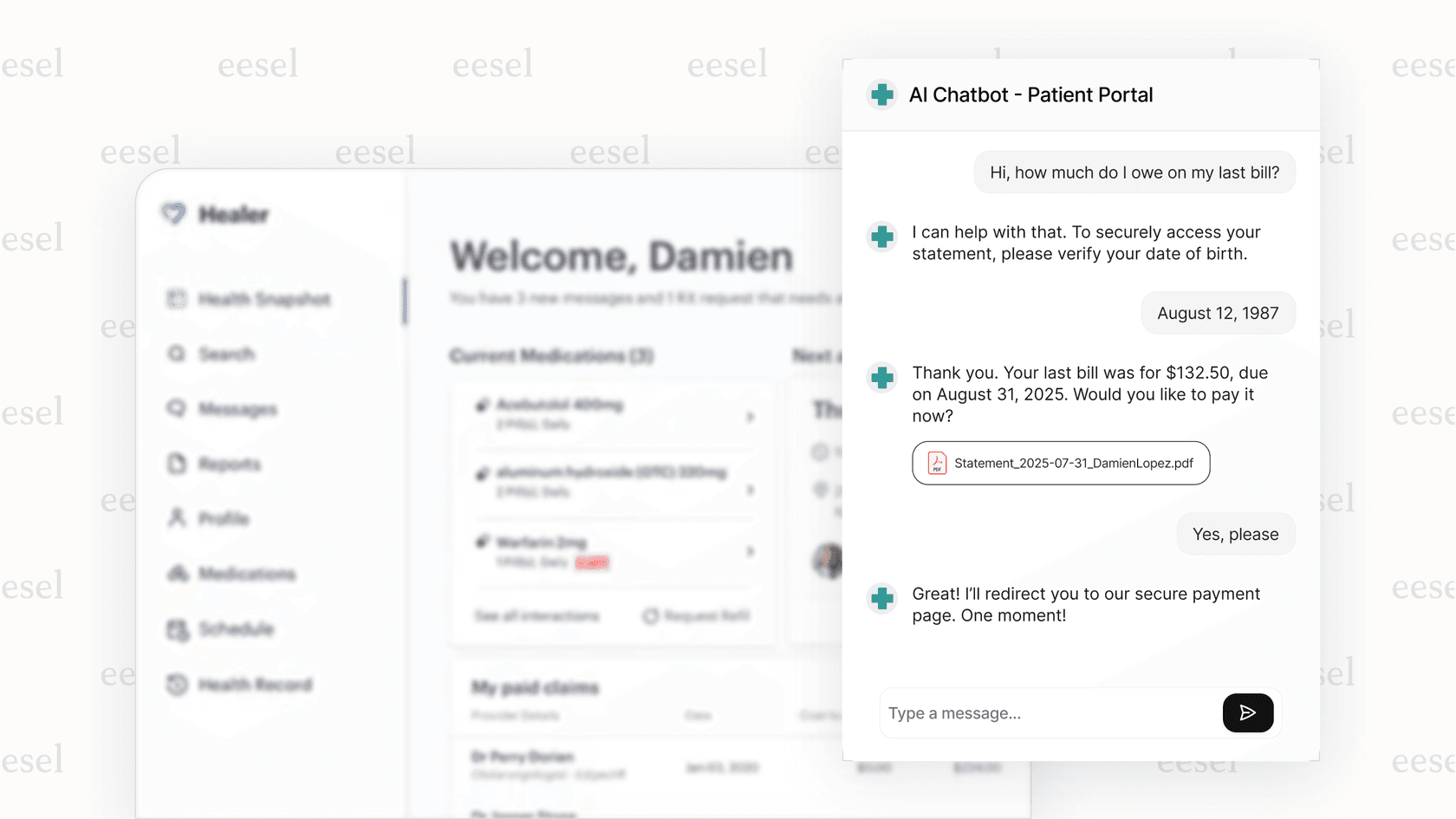 A screenshot of an AI for healthcare chatbot on a clinic's website answering a patient's question about "appointment booking policies" and offering to escalate to a human agent.