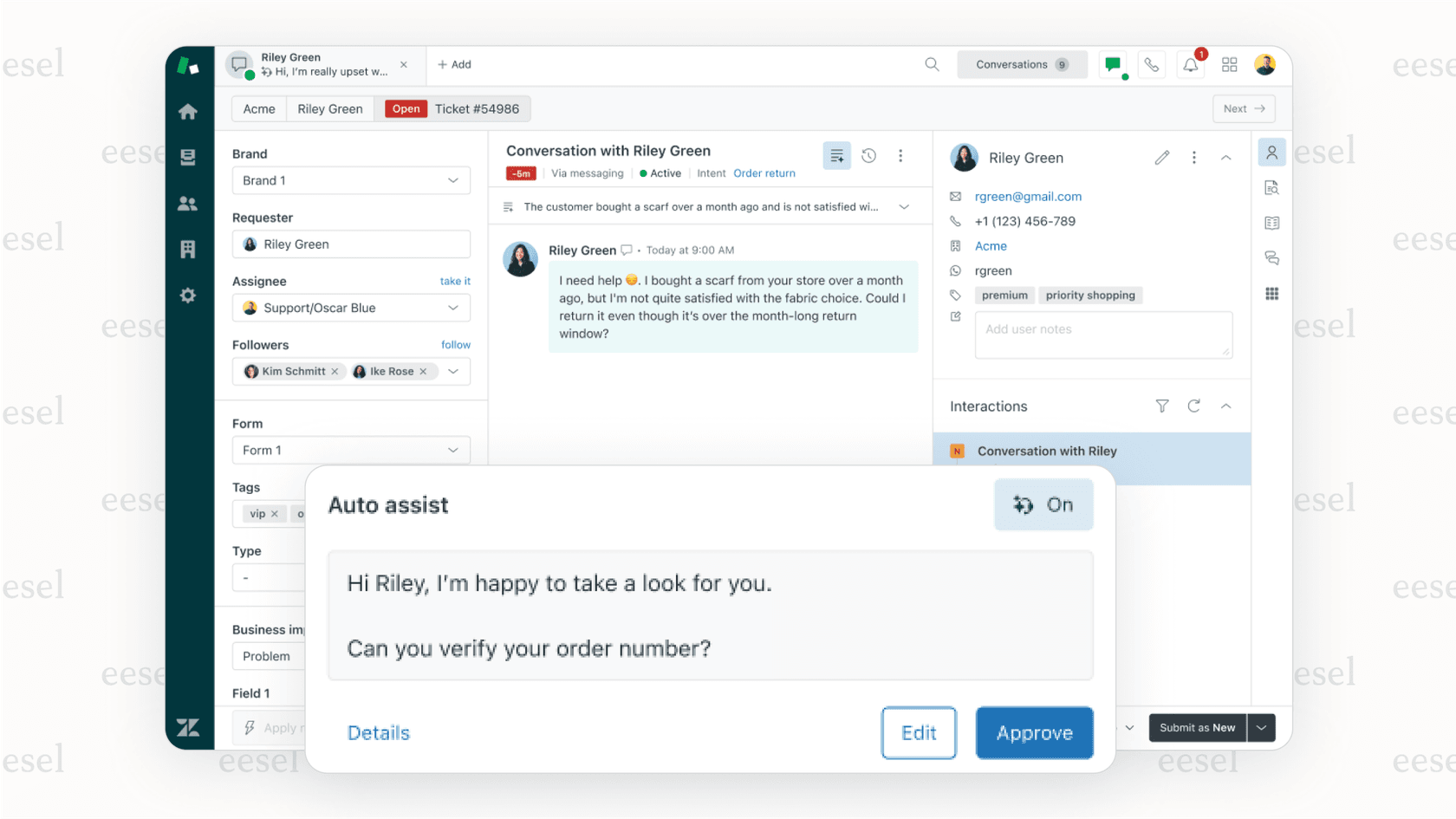 A screenshot of an agent assist tool suggesting a full, context-aware reply to a common customer question inside a chat window.