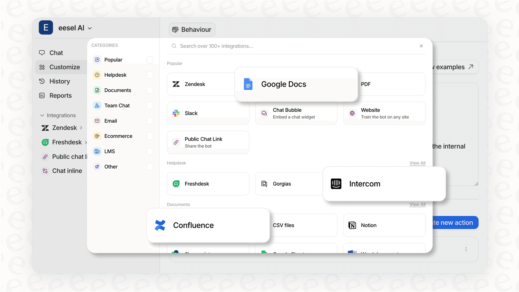 The eesel AI platform interface displays connected integrations, demonstrating a unified knowledge base which is crucial for effective AI reasoning.