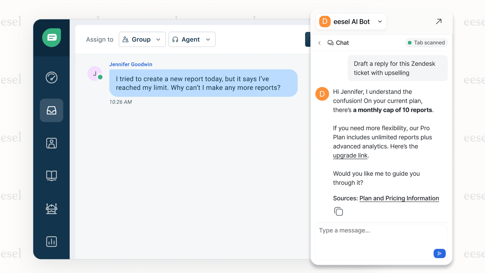 A screenshot of an agent-assist tool showing how AI upselling is integrated into a support ticket. The AI suggests a helpful reply that also offers a relevant plan upgrade.