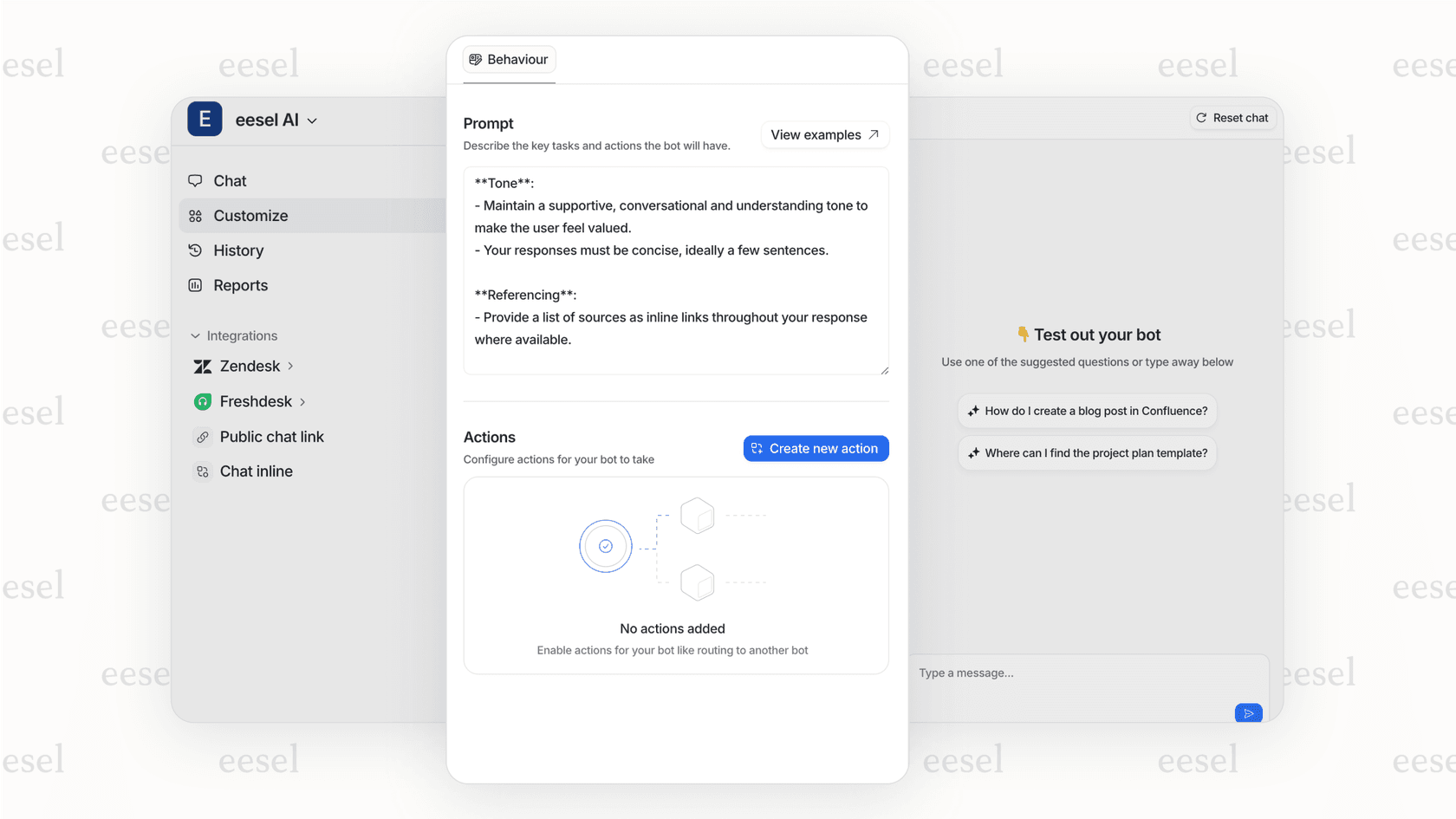 The eesel AI admin interface, which allows AI for product managers to set an AI's personality and escalation rules using simple text prompts instead of complex settings.