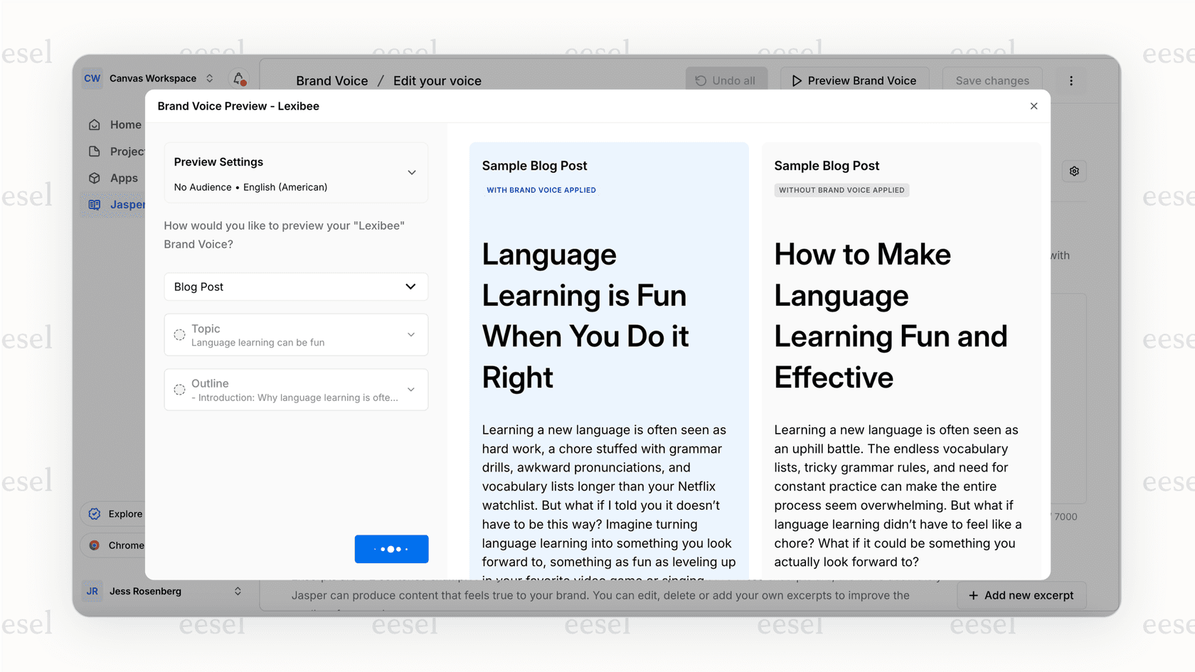 Screenshot demonstrating how AI tools for marketing like Jasper can learn a brand's specific tone and style to create consistent content.