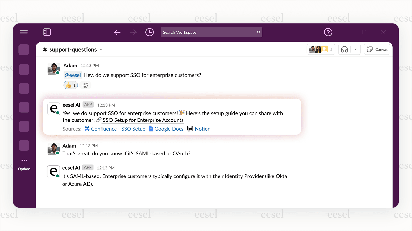 A screenshot showing how advanced Google Docs apps with AI can answer team questions in Slack, citing the source document.