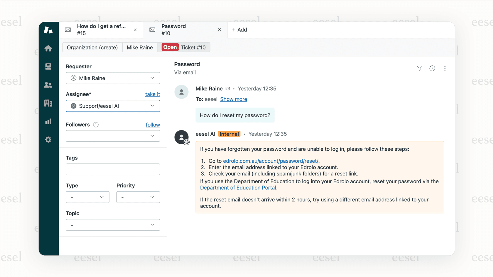 Screenshot of an AI chatbot in a Zendesk chat window providing an instant, accurate answer to a customer's order status query.