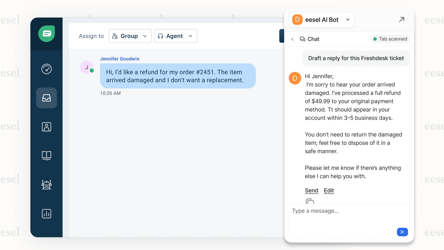 Screenshot showing how a customer support AI copilot instantly drafts an accurate, on-brand reply based on past tickets and help articles.