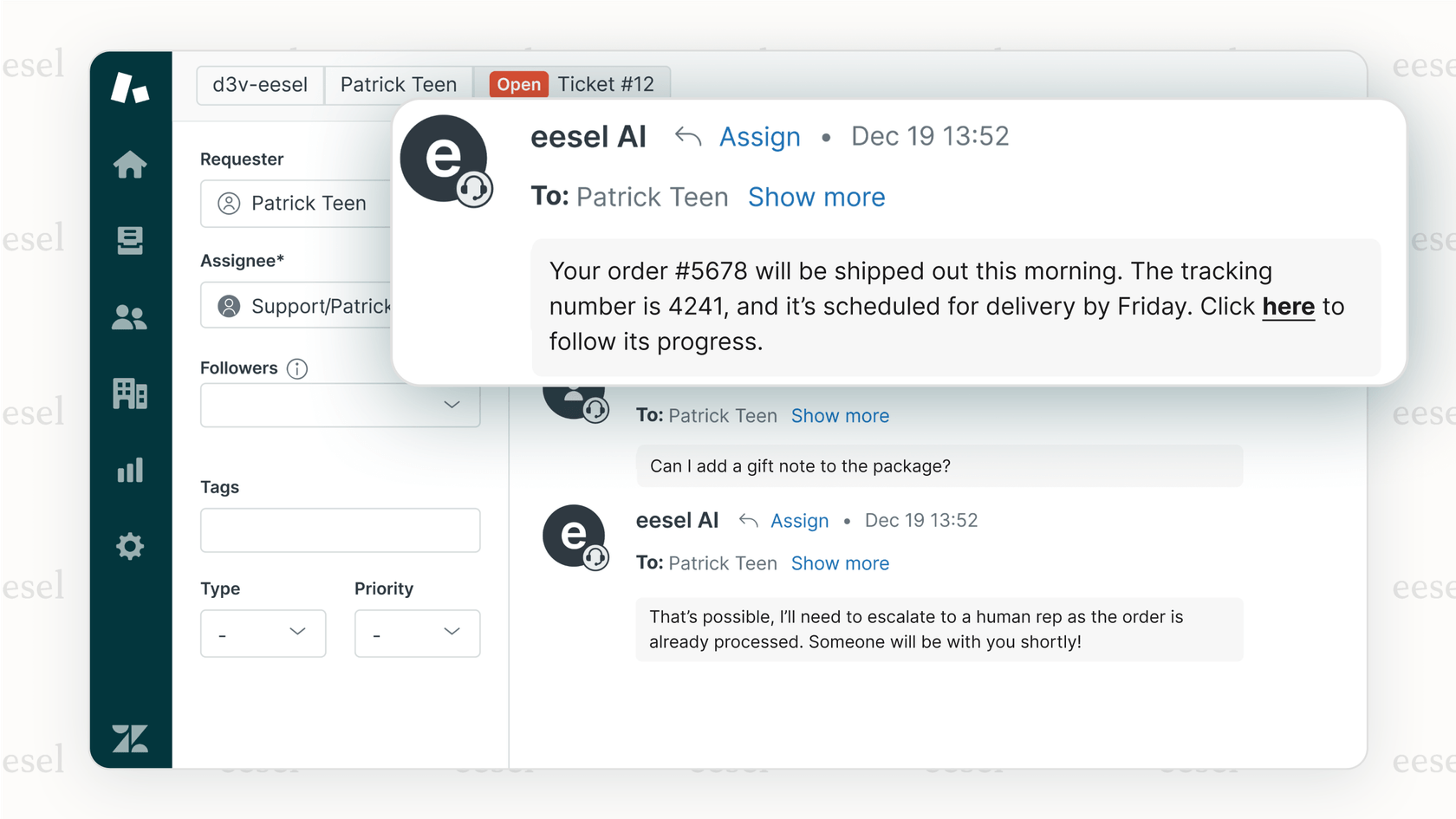 Ein KI-Kundendienstmitarbeiter, der ein Gespräch und eine Eskalation bearbeitet.
