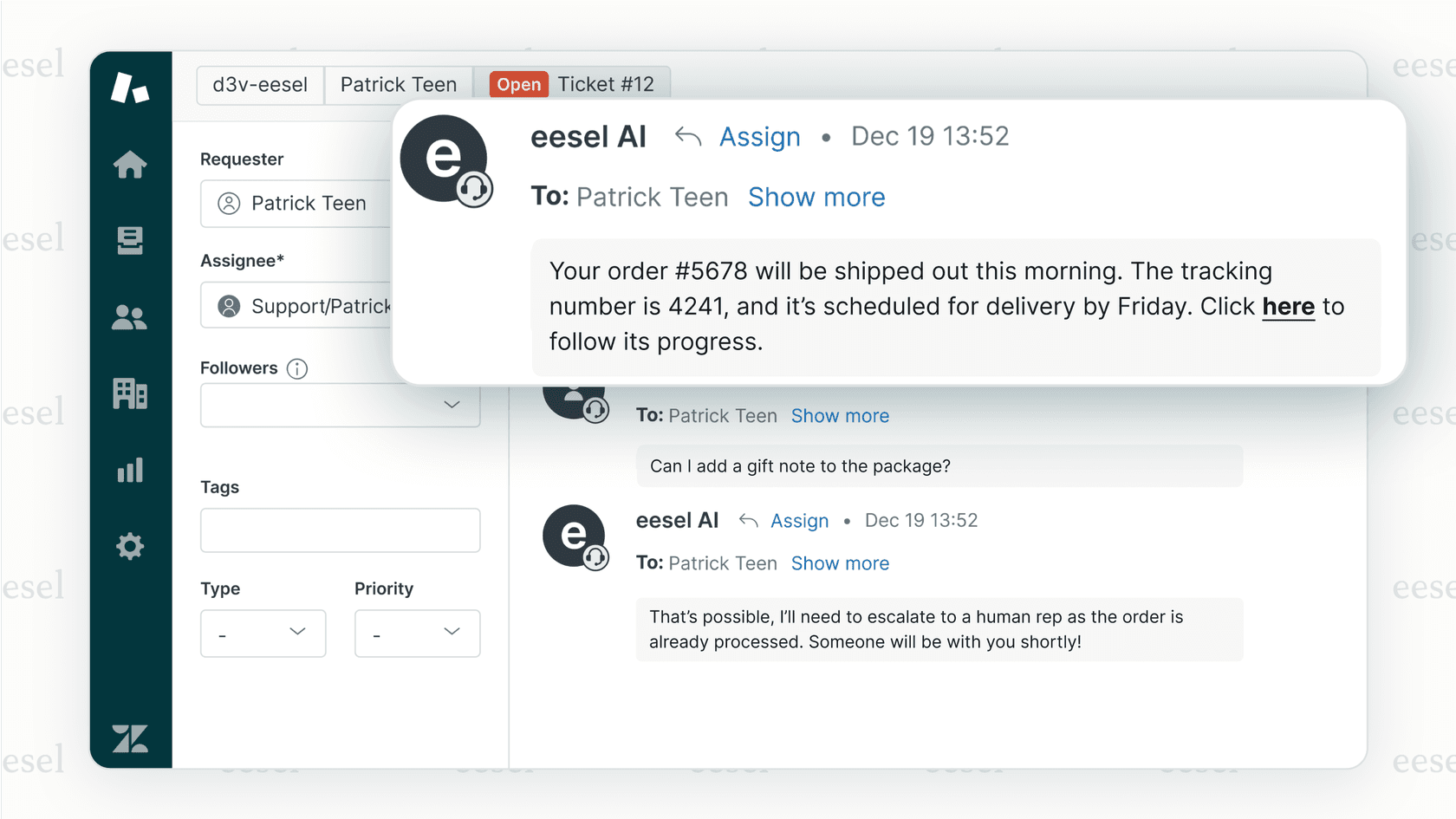 Un agente de servicio al cliente de IA manejando una conversación y escalamiento.