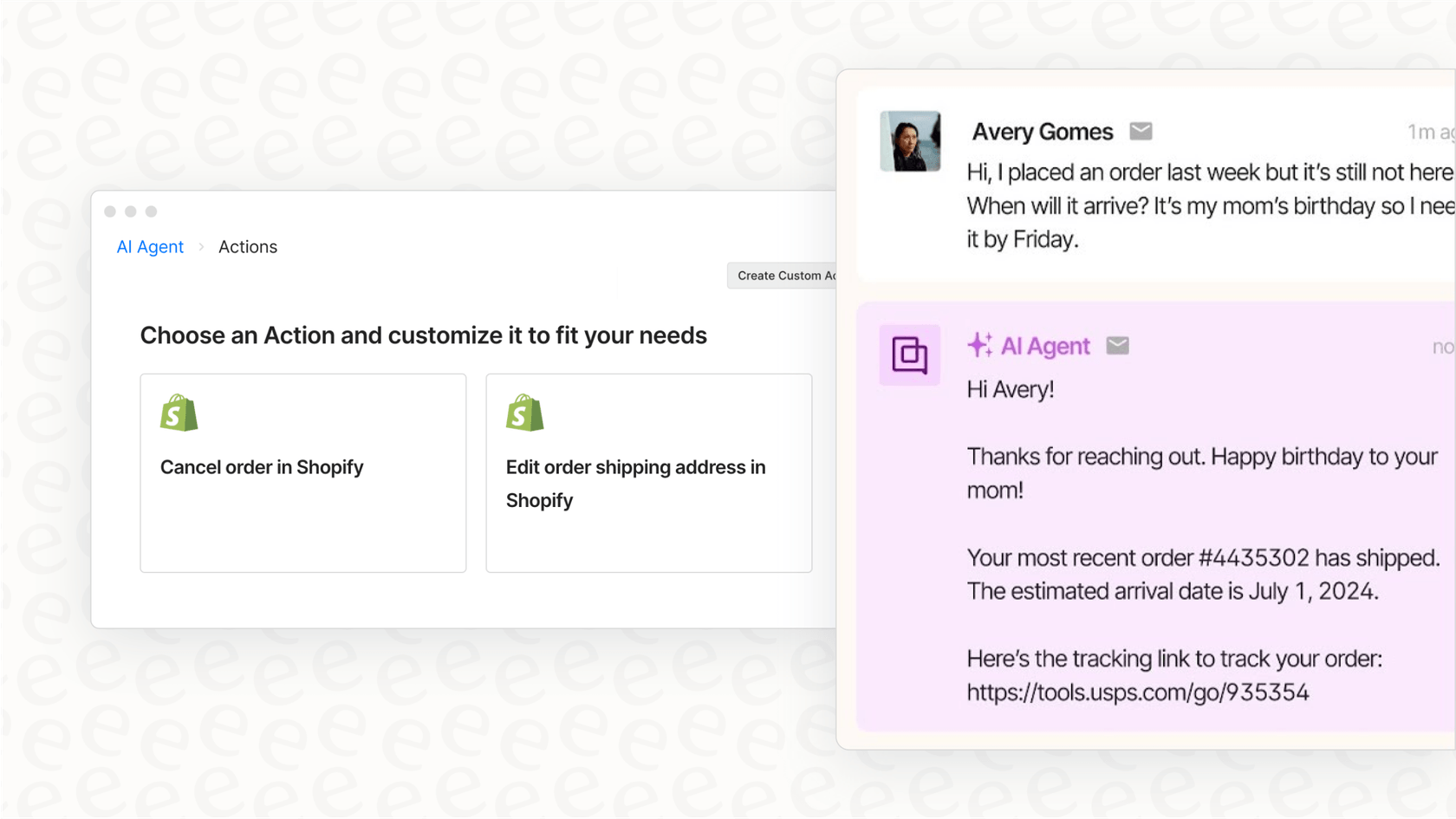 An example of the Gorgias AI Agent automatically handling a 'Where is my order?' query using integrated ecommerce data.