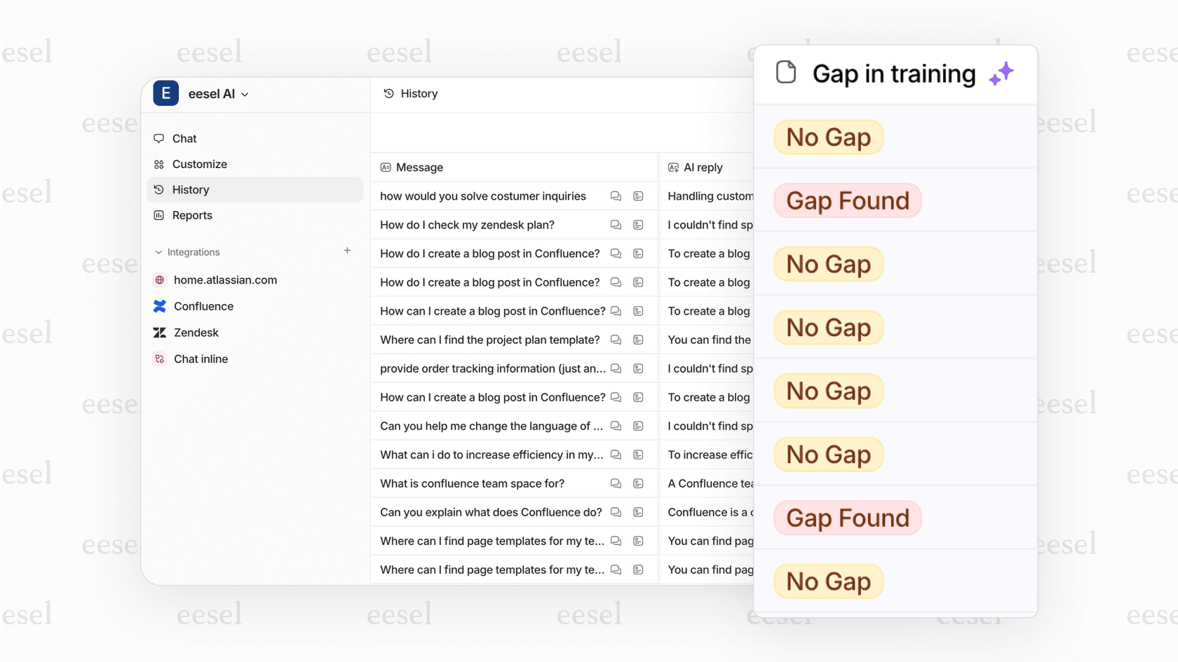 AIを活用した検索ツールの分析レポート「ナレッジギャップ」のスクリーンショット。顧客の検索クエリが結果を返さなかったことを示し、チームが新しいヘルプ記事を作成する必要があることを特定するのに役立ちます。