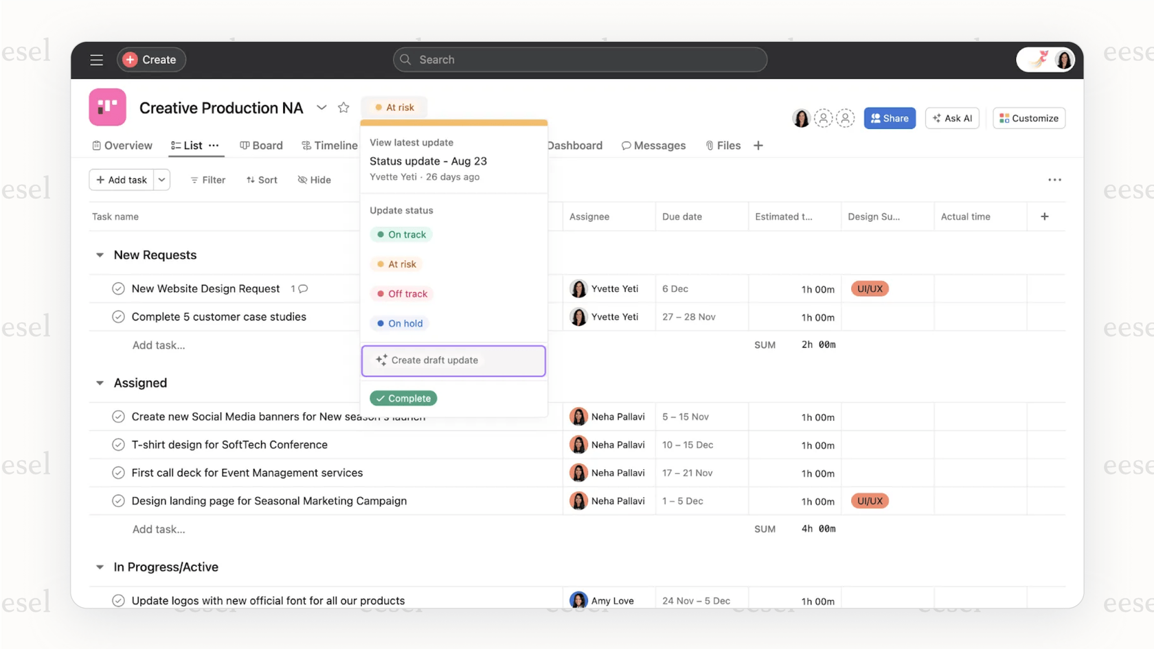 Asana's native AI features, showing how Asana integrations with GPT-Image-1-Mini can provide smart status updates.::