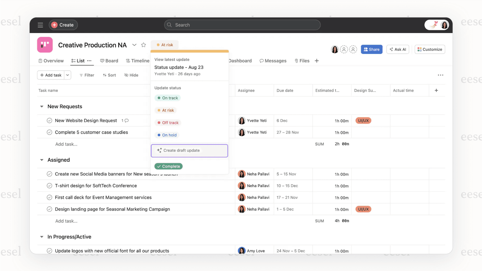 Asana's smart status updates in AI project management tools