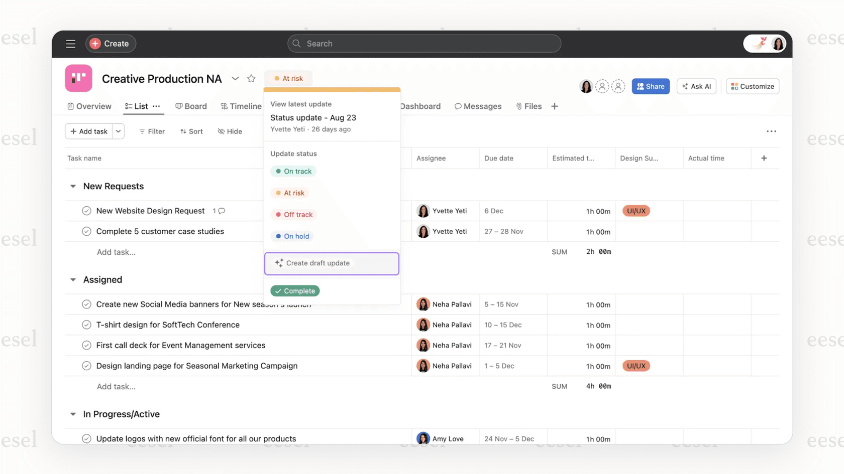 A screenshot of Asana's interface, an example of AI project management tools, showing a project status update with AI highlights pointing out risks and open questions.
