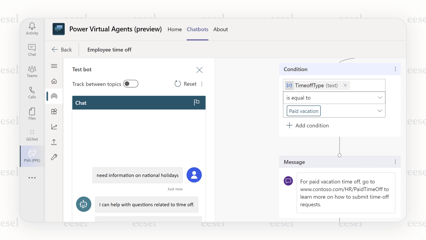 The Microsoft Copilot Studio builder interface, an example of one of the best AI agents, where a user is designing a conversational flow for an internal IT help desk bot to be deployed in Microsoft Teams.