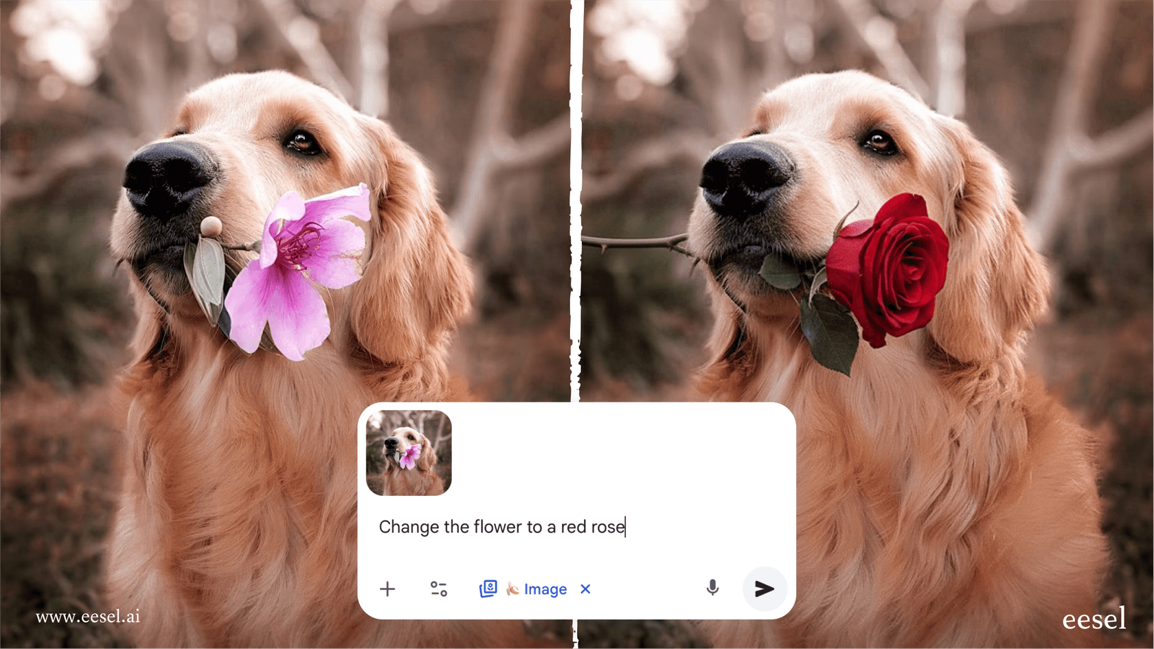Una imagen que demuestra la consistencia de personajes del editor de IA Nano Banana, con la persona original a la izquierda y la versión editada por IA a la derecha mostrando a la misma persona en un contexto diferente.