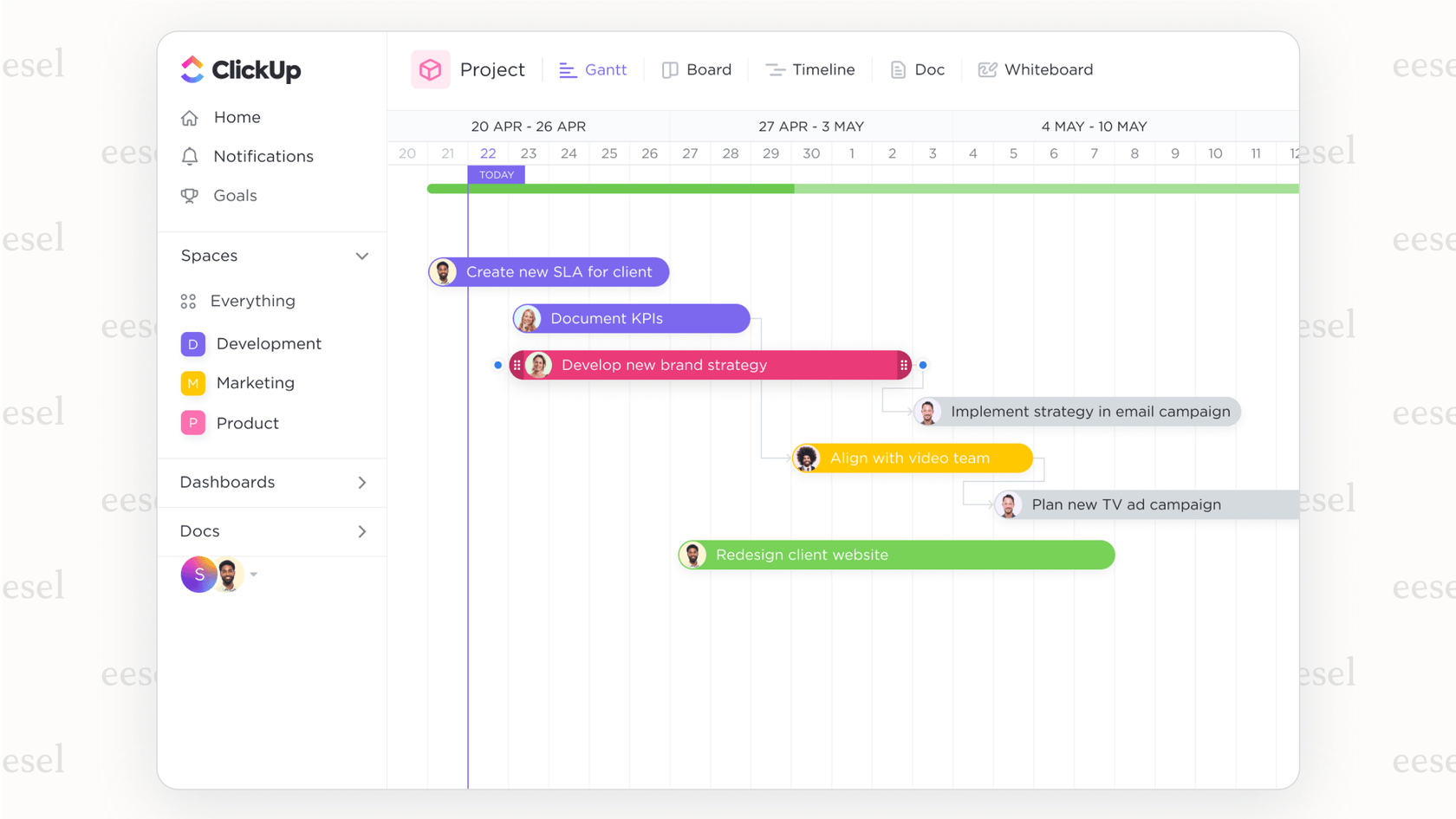 A screenshot of a Gantt chart in ClickUp, a robust project management tool among Notion alternatives, showing detailed task scheduling.