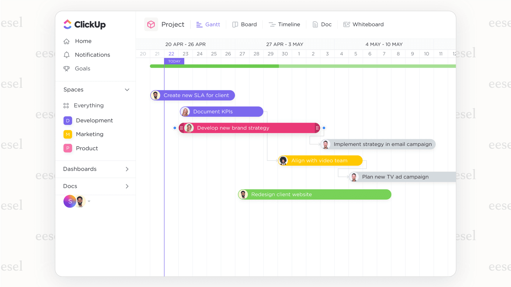 A screenshot of a Gantt chart in ClickUp, a robust project management tool among Notion alternatives, showing detailed task scheduling.
