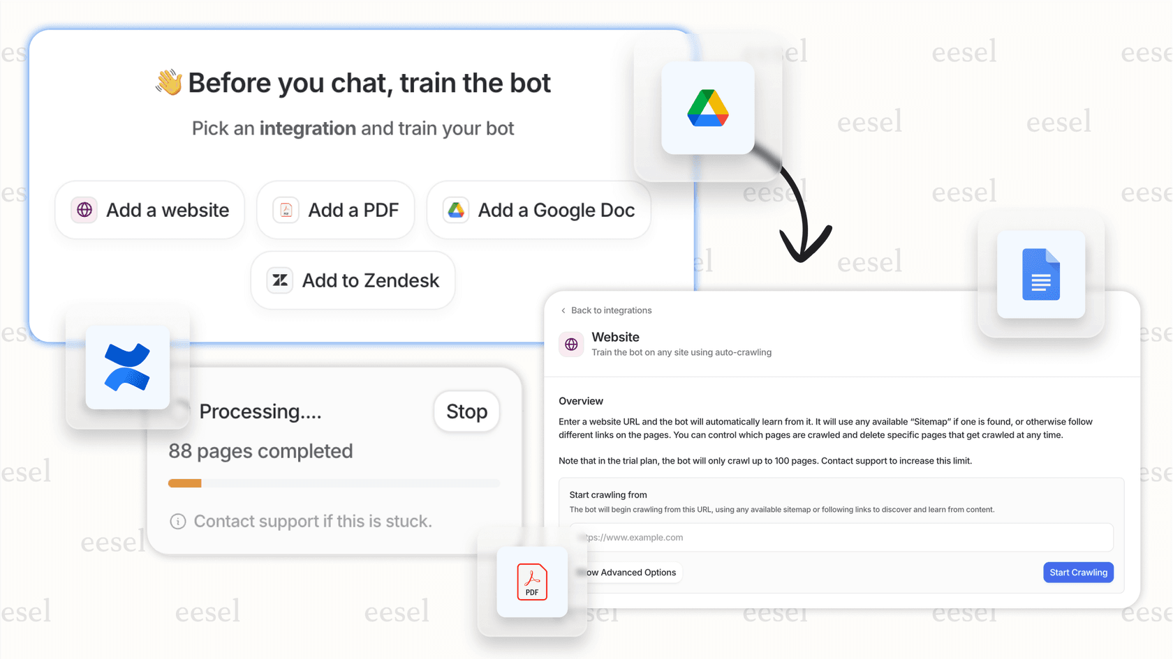 A screenshot of the eesel AI dashboard for connecting various knowledge sources to build a continuously learning custom GPT.