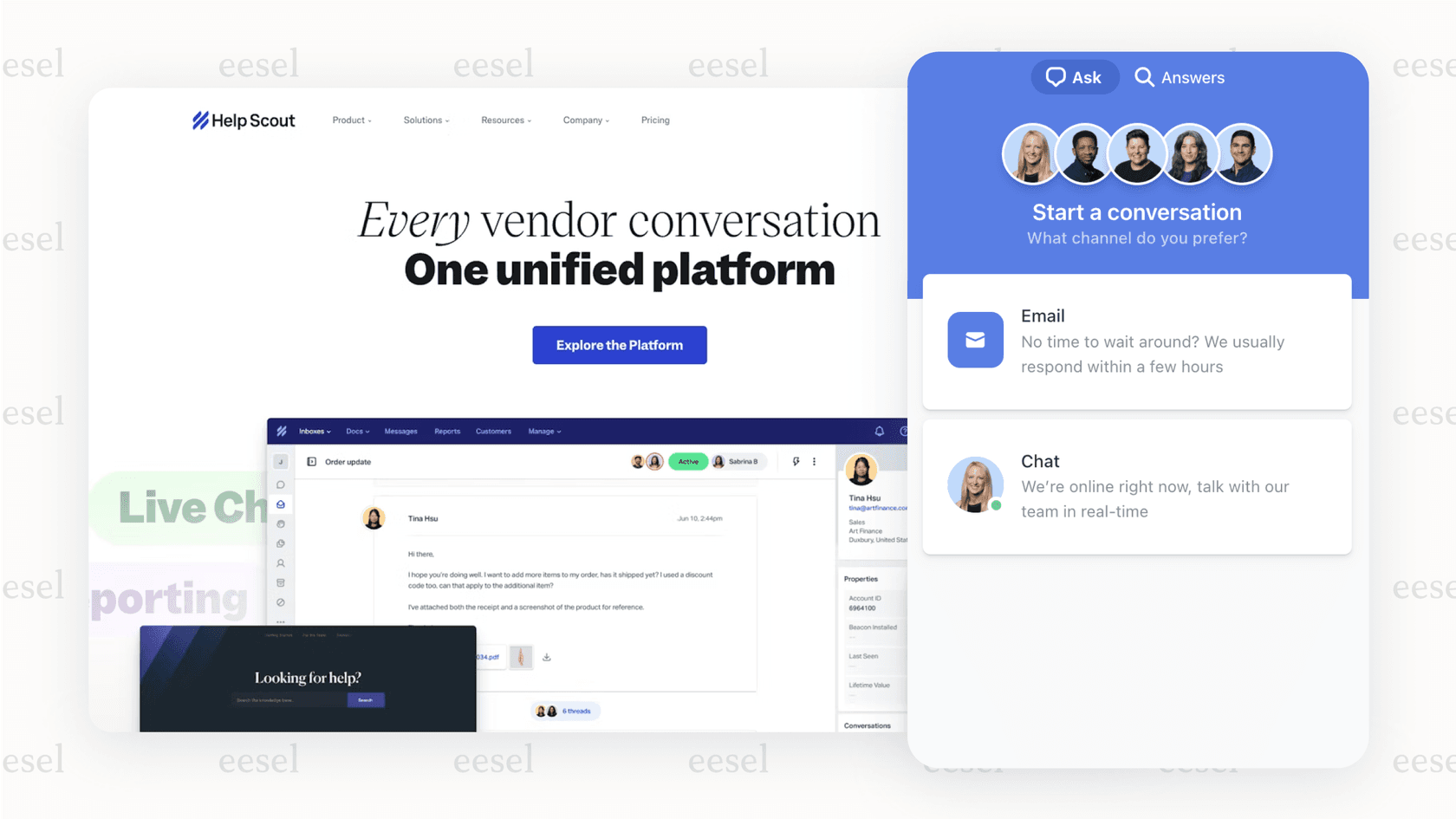 Help Scoutのレビュー用に、ウェブサイトに埋め込まれたBeaconウィジェットのスクリーンショット。ヘルプ記事の検索とライブチャット機能を提供しています。