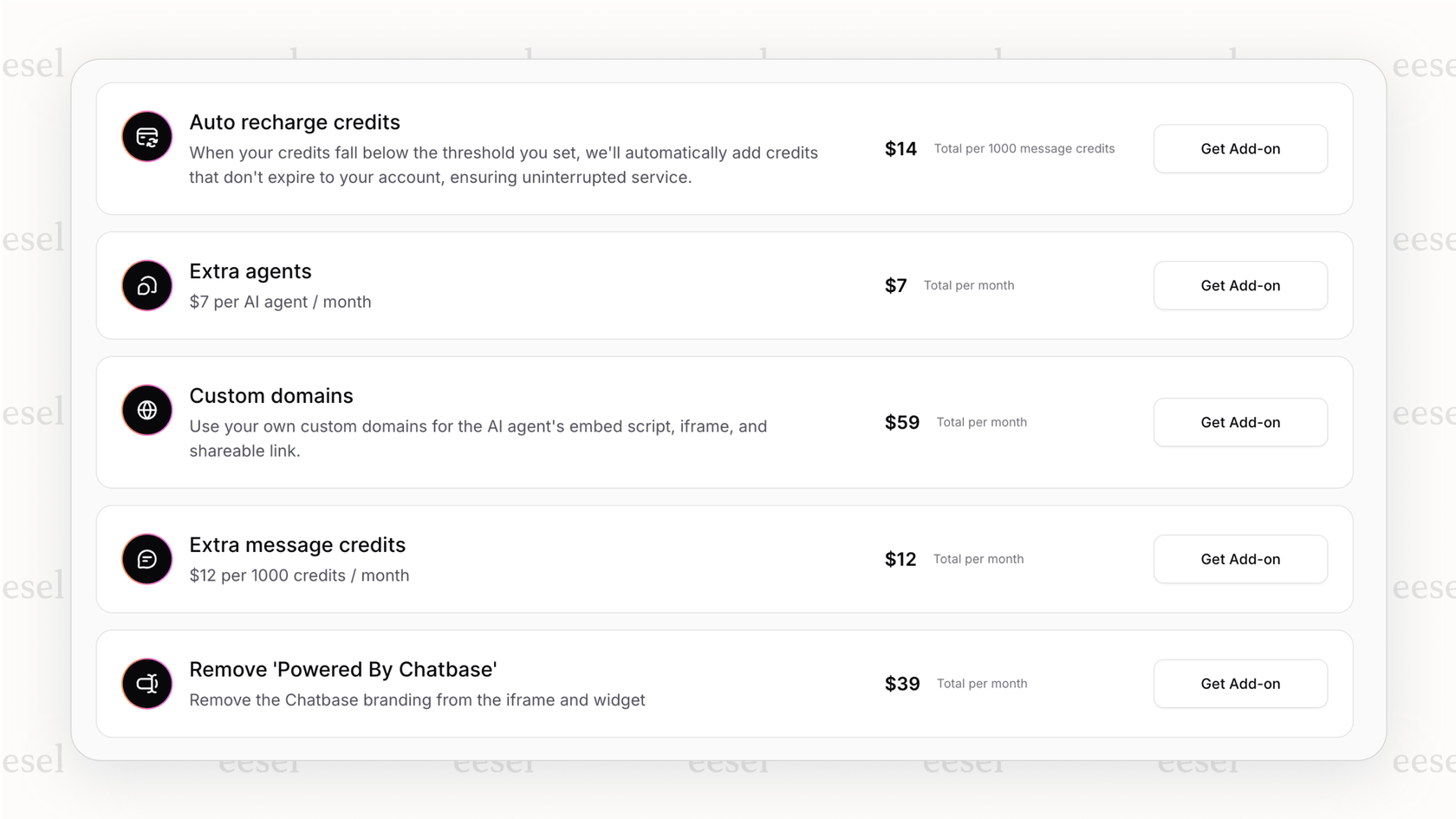 Screenshot showing the expensive monthly add-ons that are not included in the standard Chatbase pricing plans.::