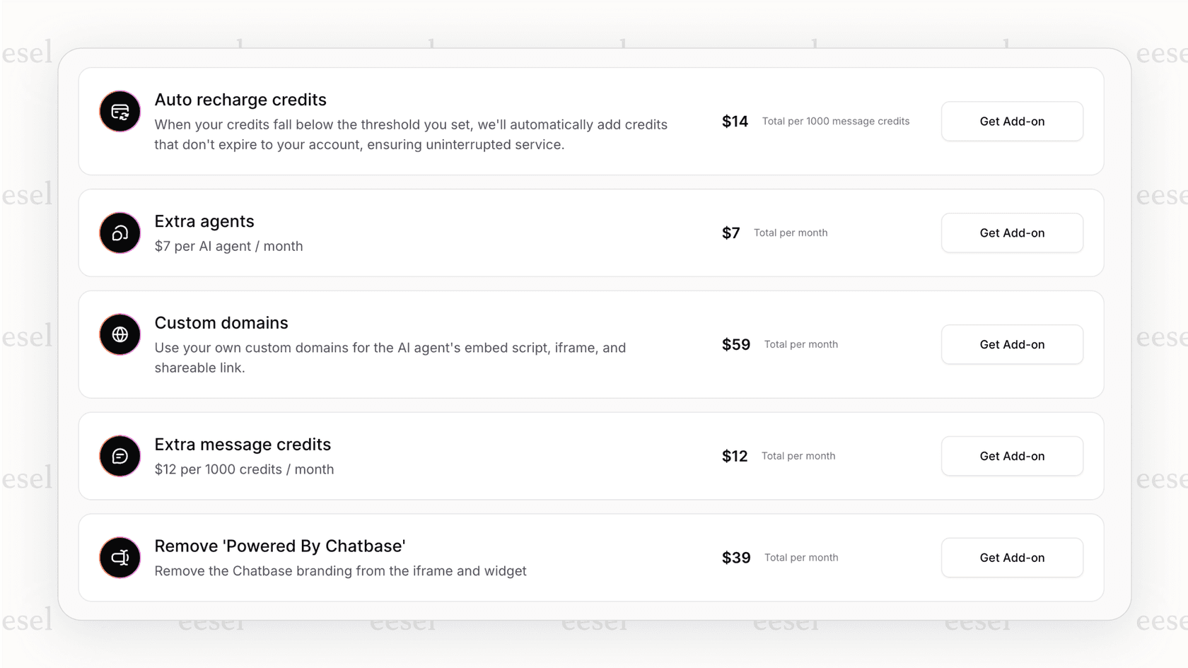 Screenshot showing the expensive monthly add-ons that are not included in the standard Chatbase pricing plans.::