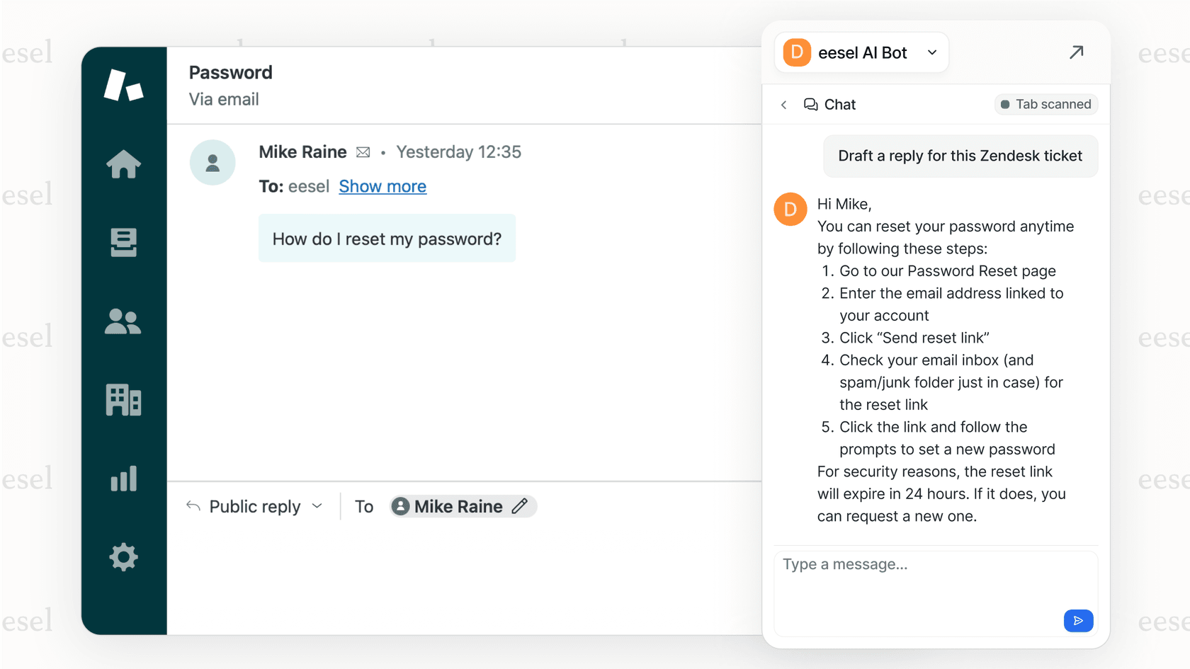 A screenshot of the eesel AI Copilot seamlessly integrated into Zendesk, showing how AI for content creation can draft customer support replies using company knowledge.