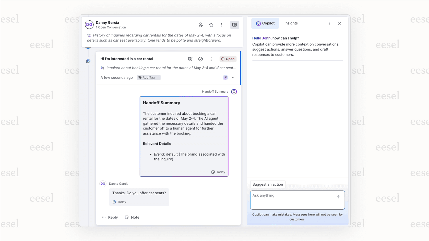 A screenshot demonstrating the AI Agents for Reps feature, an expensive add-on to the base Kustomer pricing plans.