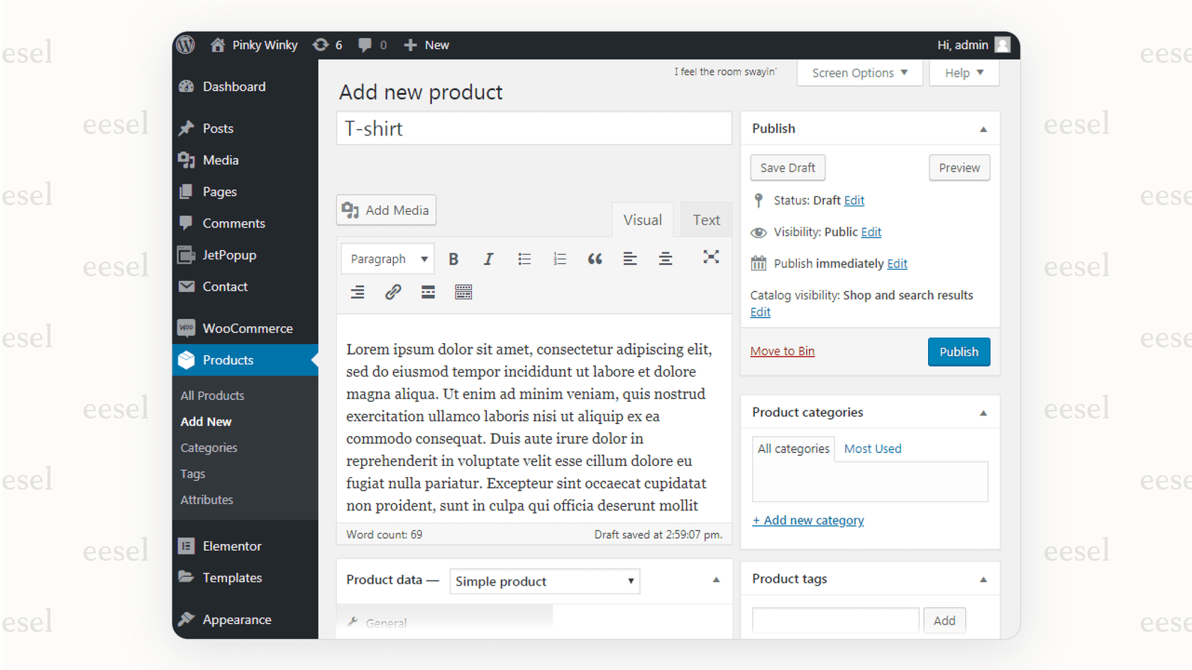The product management interface is a key part of this woocommerce review, showing fields for adding a new product to a store.