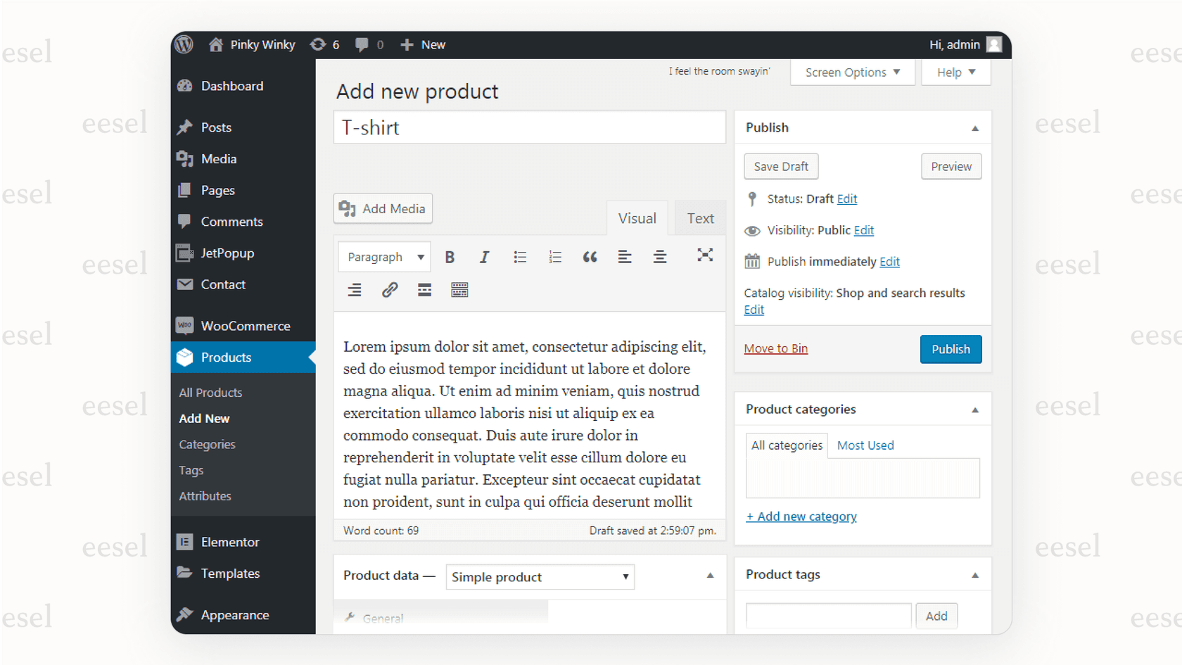 The product management interface is a key part of this woocommerce review, showing fields for adding a new product to a store.
