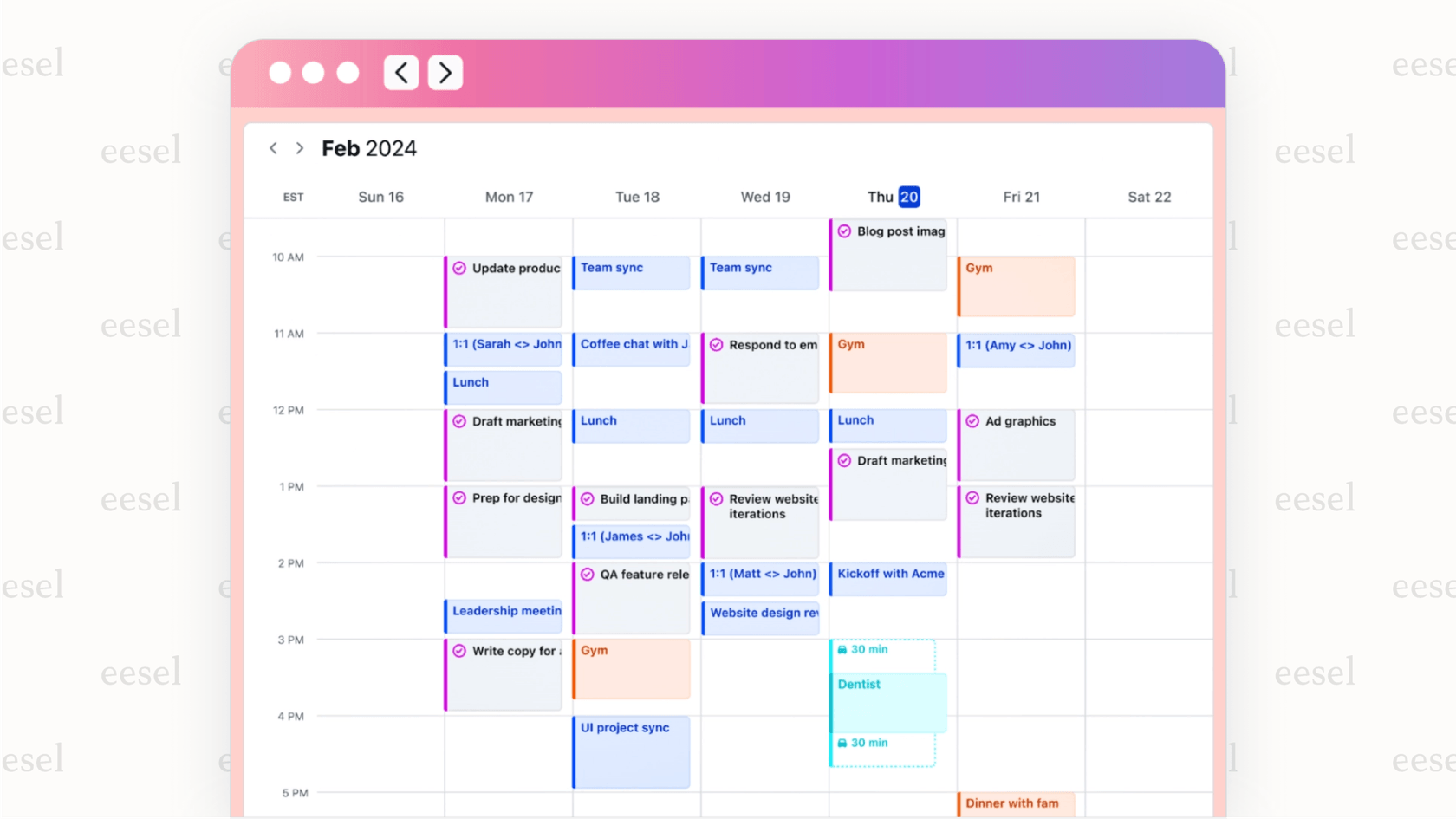 The user interface for Motion, an AI productivity tool, showing a weekly calendar view where tasks from a to-do list are automatically scheduled in open time slots between existing meetings.
