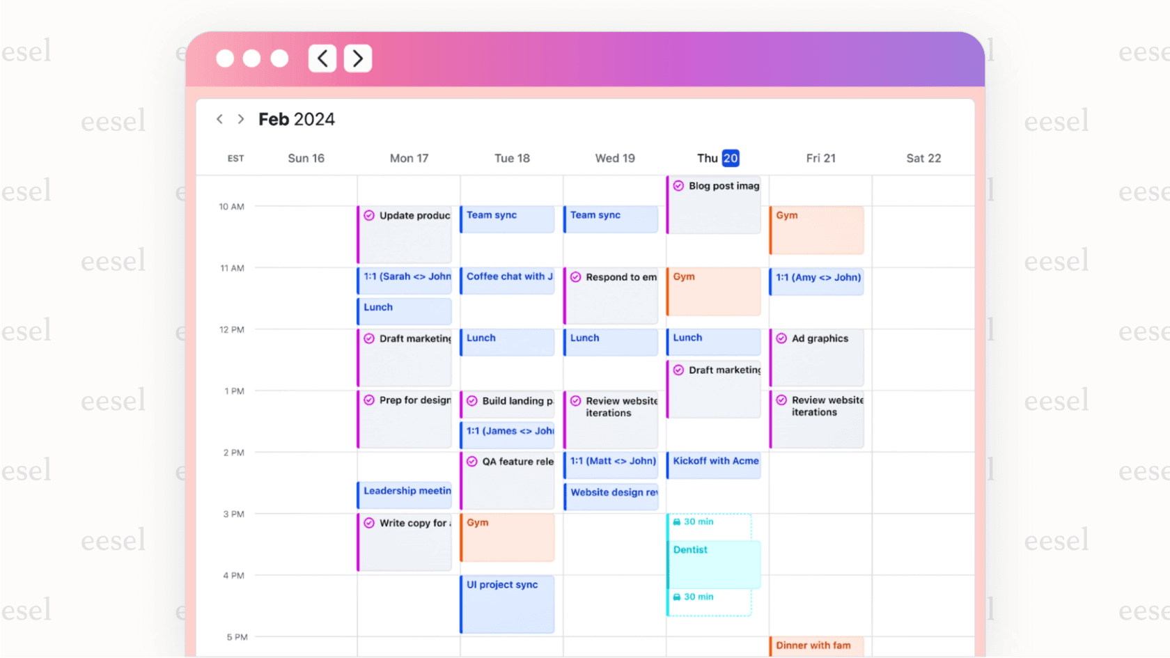 The user interface for Motion, an AI productivity tool, showing a weekly calendar view where tasks from a to-do list are automatically scheduled in open time slots between existing meetings.