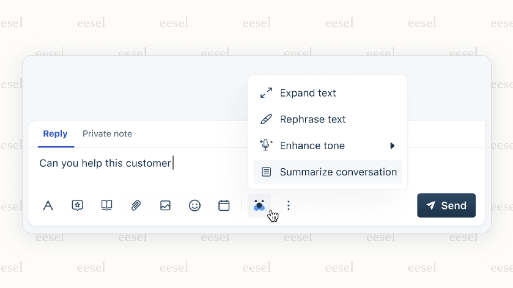 A screenshot highlighting the button to activate the native ticket summarization feature within a standard help desk platform.