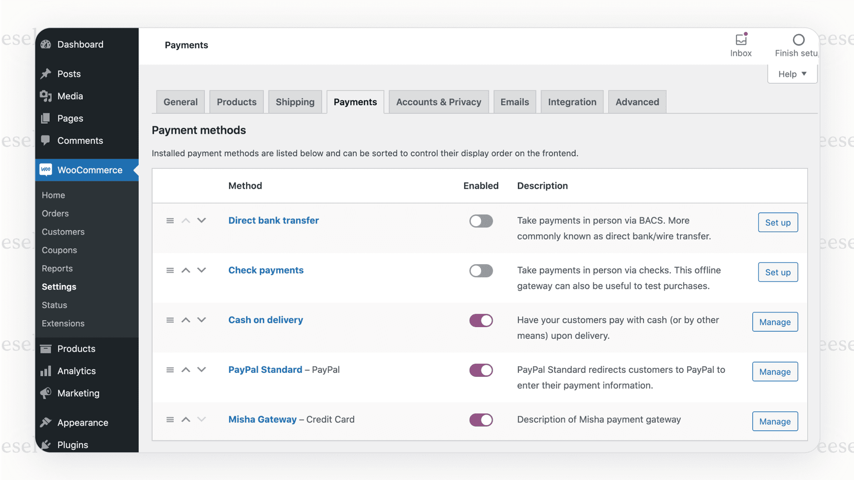 Una captura de pantalla del panel de WooCommerce que muestra varias pasarelas de pago, un componente clave de la estructura de precios de WooCommerce.