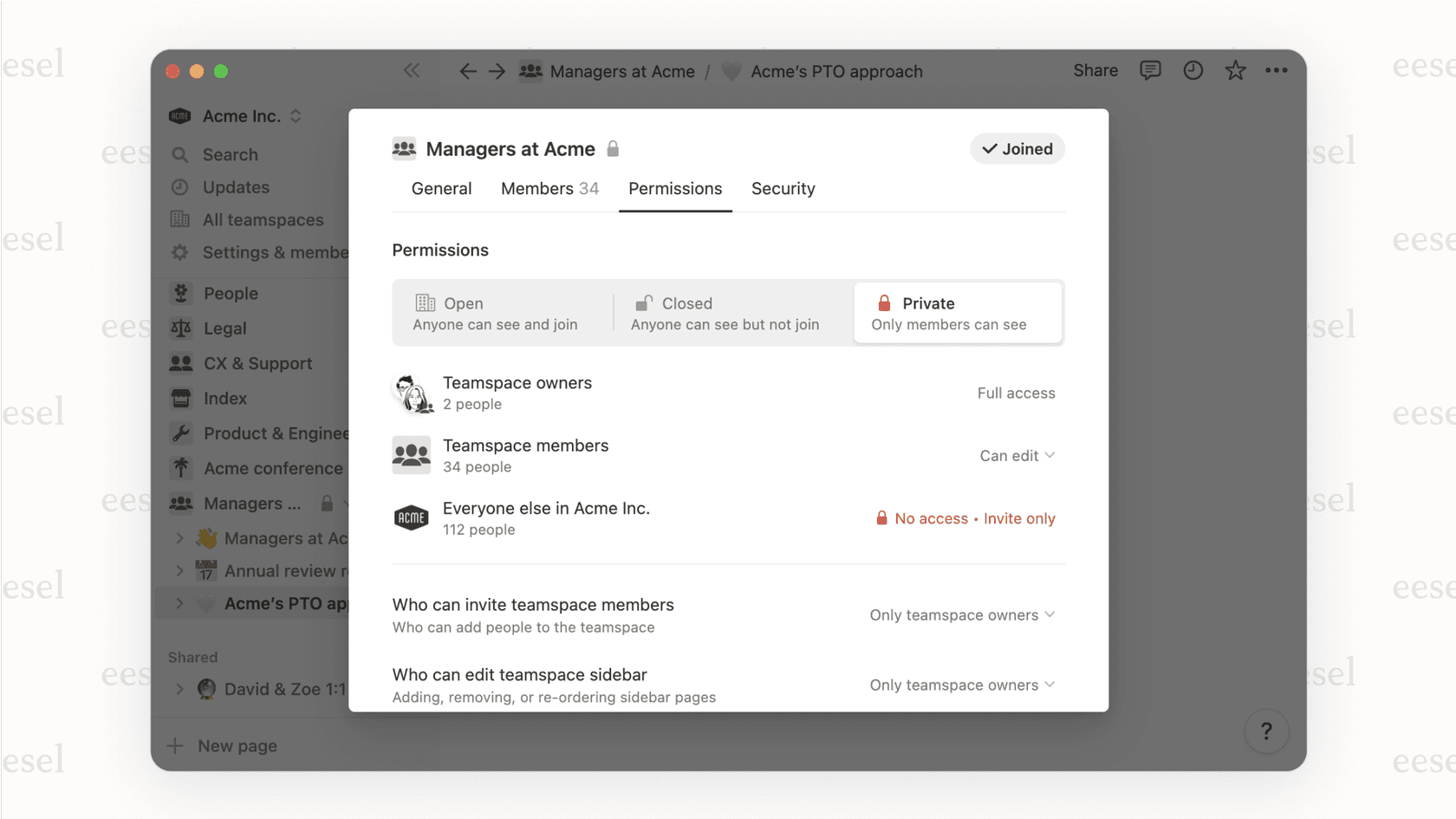 A screenshot of the private teamspace setting in Notion, illustrating a key feature of the Business plan