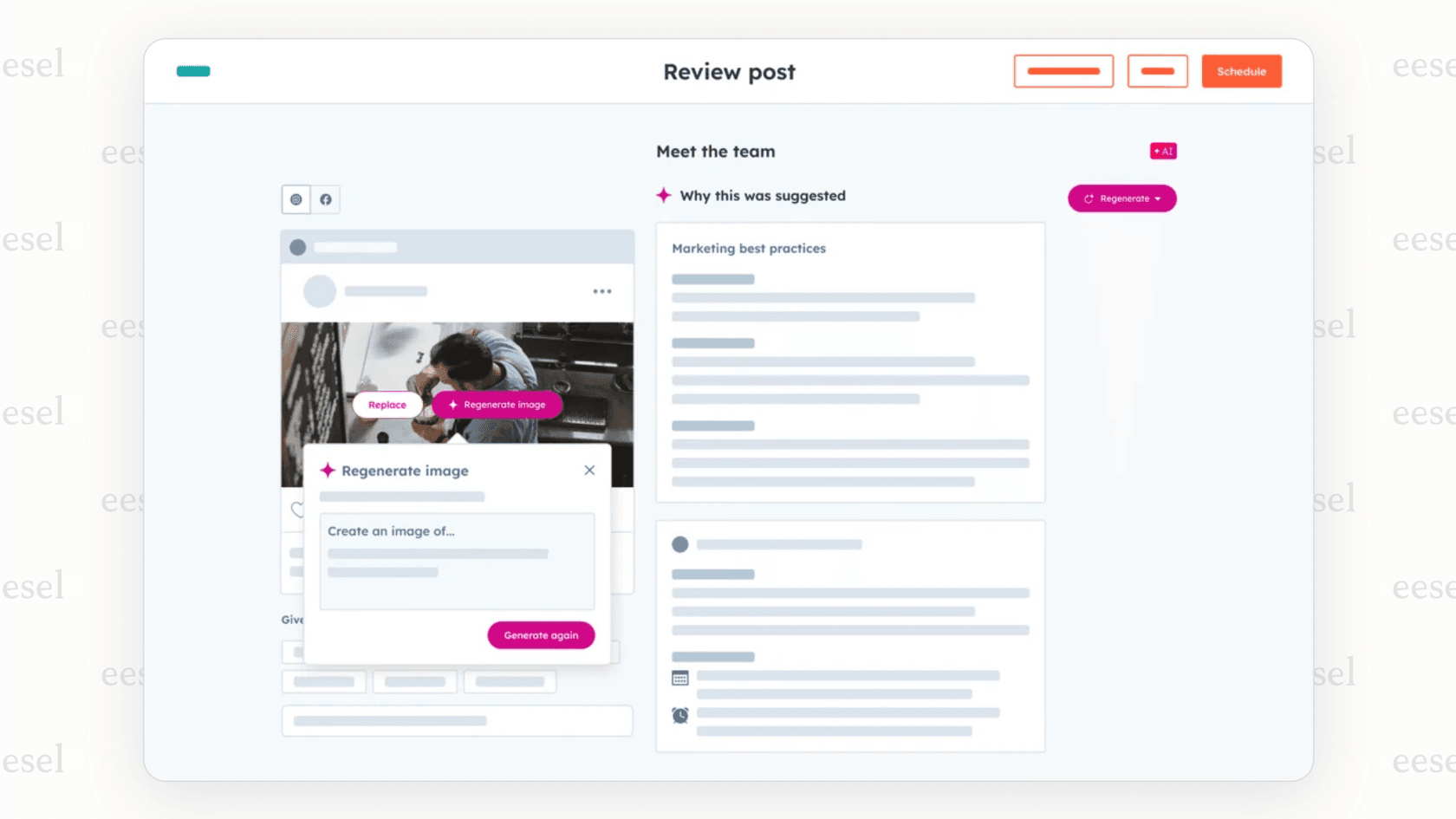 Une capture d'écran du tableau de bord de l'Agent de réseaux sociaux de l'IA HubSpot affichant des analyses et une liste de publications sur les réseaux sociaux générées par l'IA prêtes à être programmées.