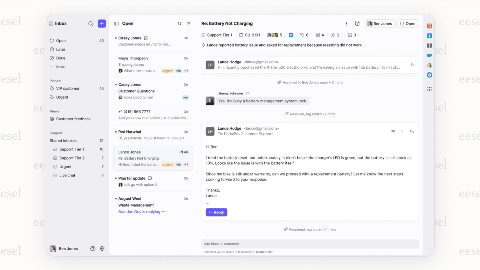 A view of the Front app showing internal comments on an email, a key feature justifying the front pricing for collaborative teams.