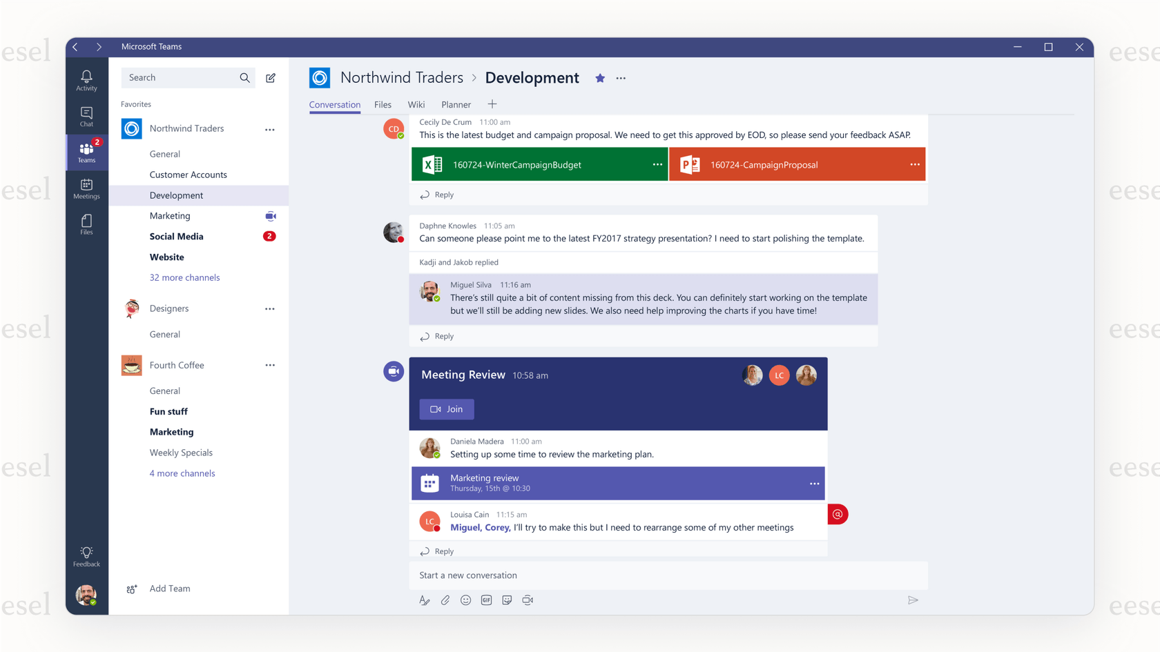 Screenshot of Microsoft Teams interface showing different team channels, chat conversations, shared files, and a meeting review panel - an example of collaboration software often considered among popular Slack alternatives.
